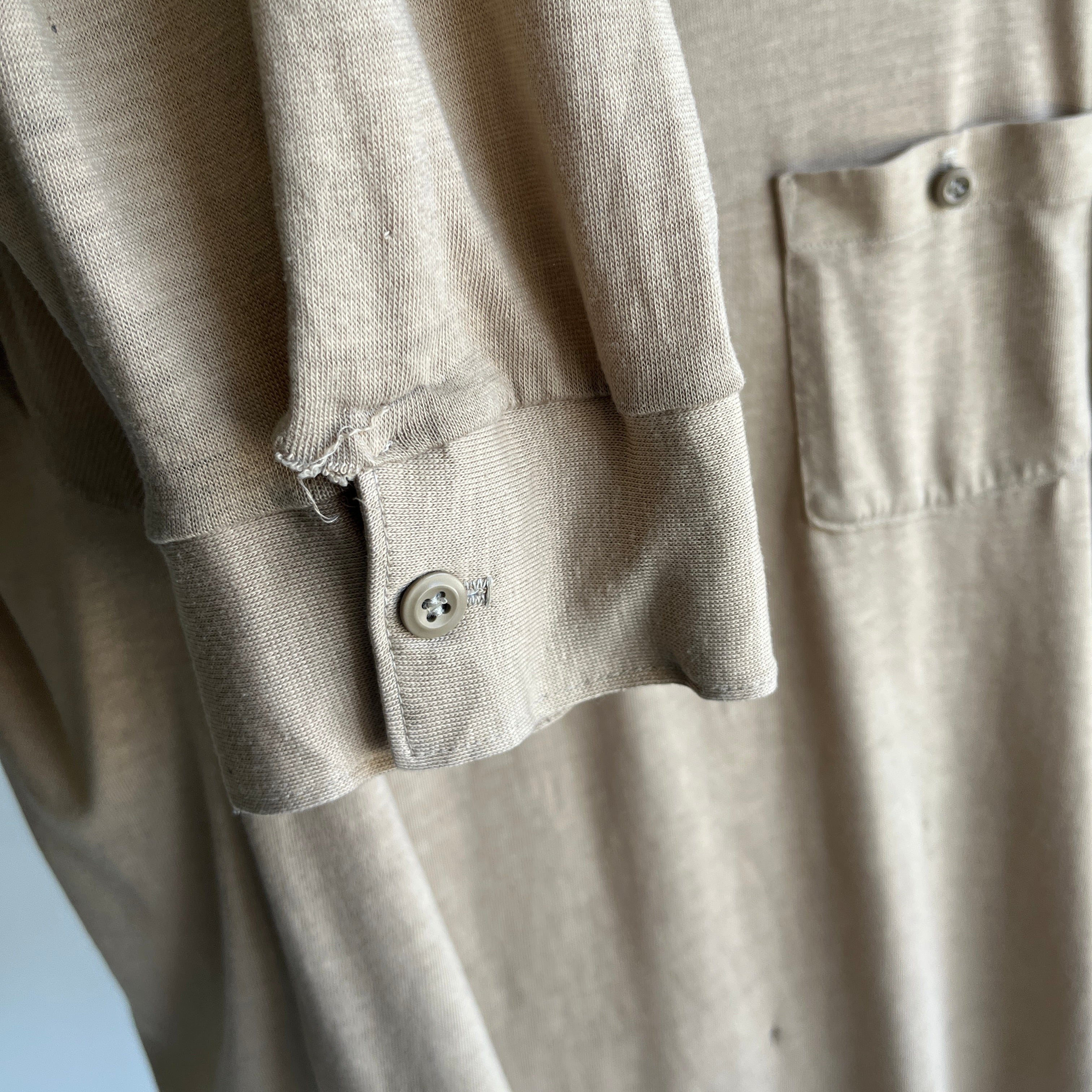 1970/80s Super Thin, Soft and Slouchy Long Sleeve Khaki Polo Shirt