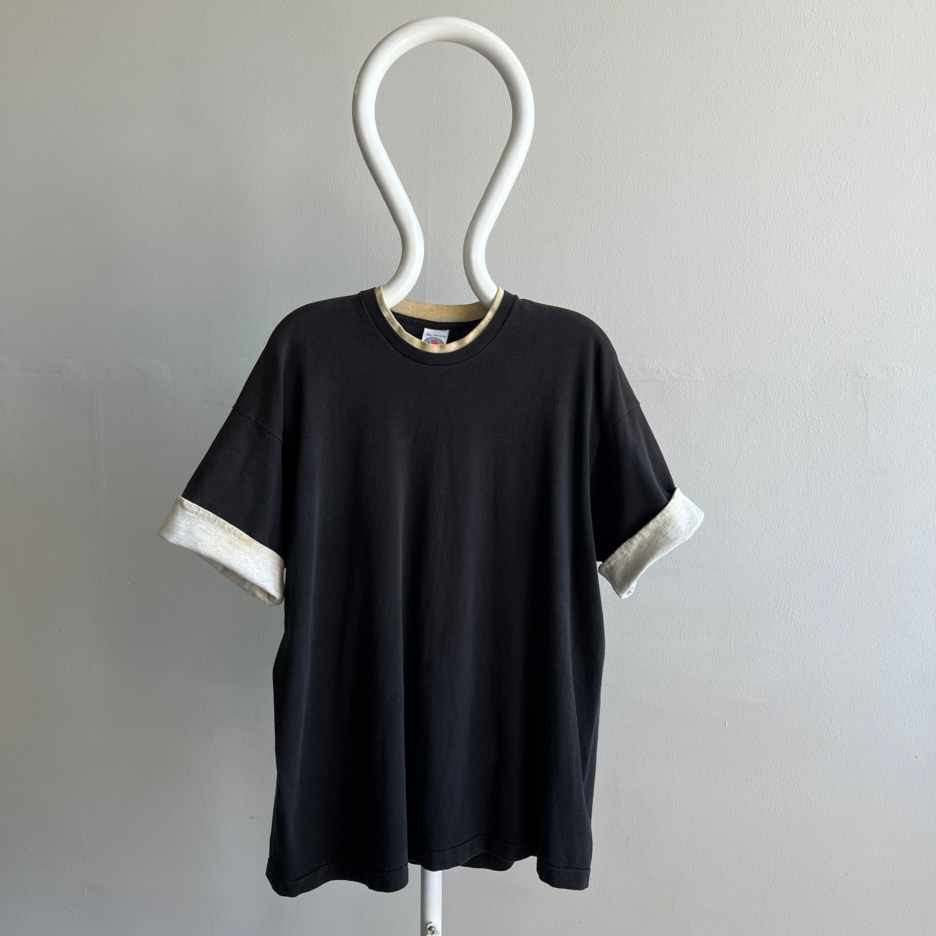 1980s Nicely Age Stained Two Toned Blank Black T-Shirt by Mungswear