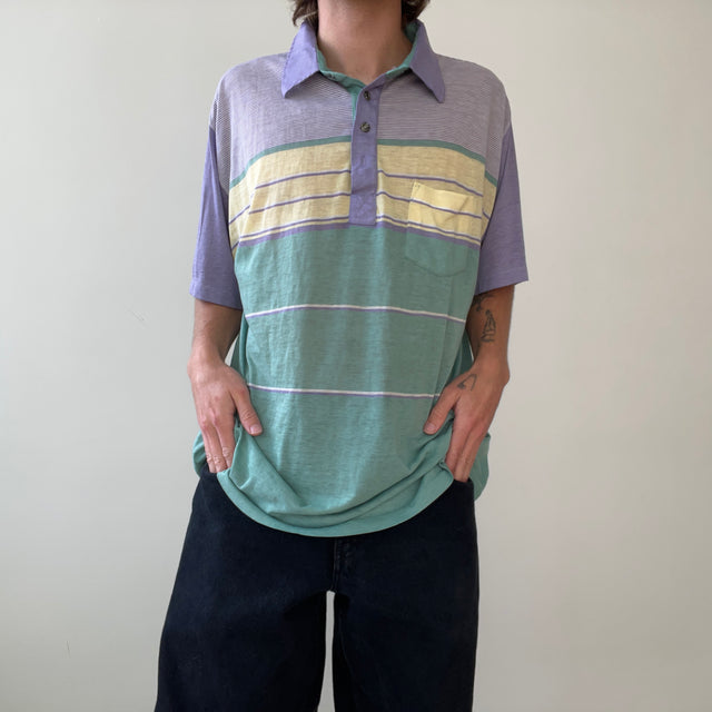 1980s Pastel Green And Purple Striped Polo Style T Shirt