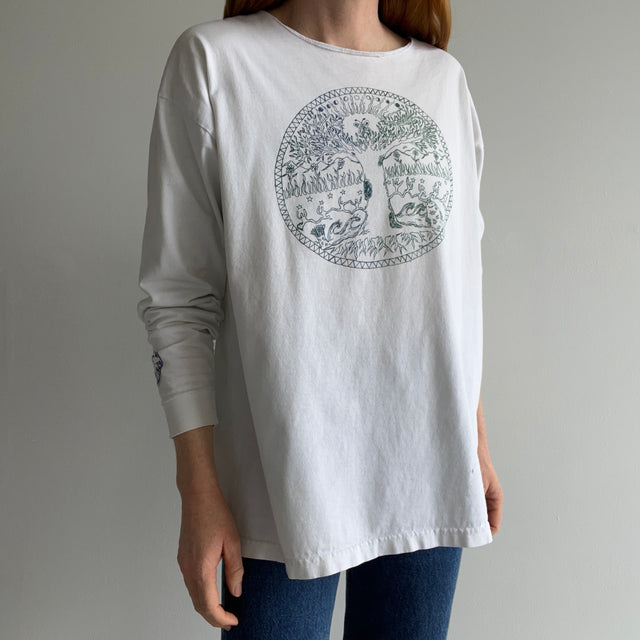 1990s Really Cool Long Sleeve Washed Lightly Tattered Long Sleeve T-Shirt with A Backside