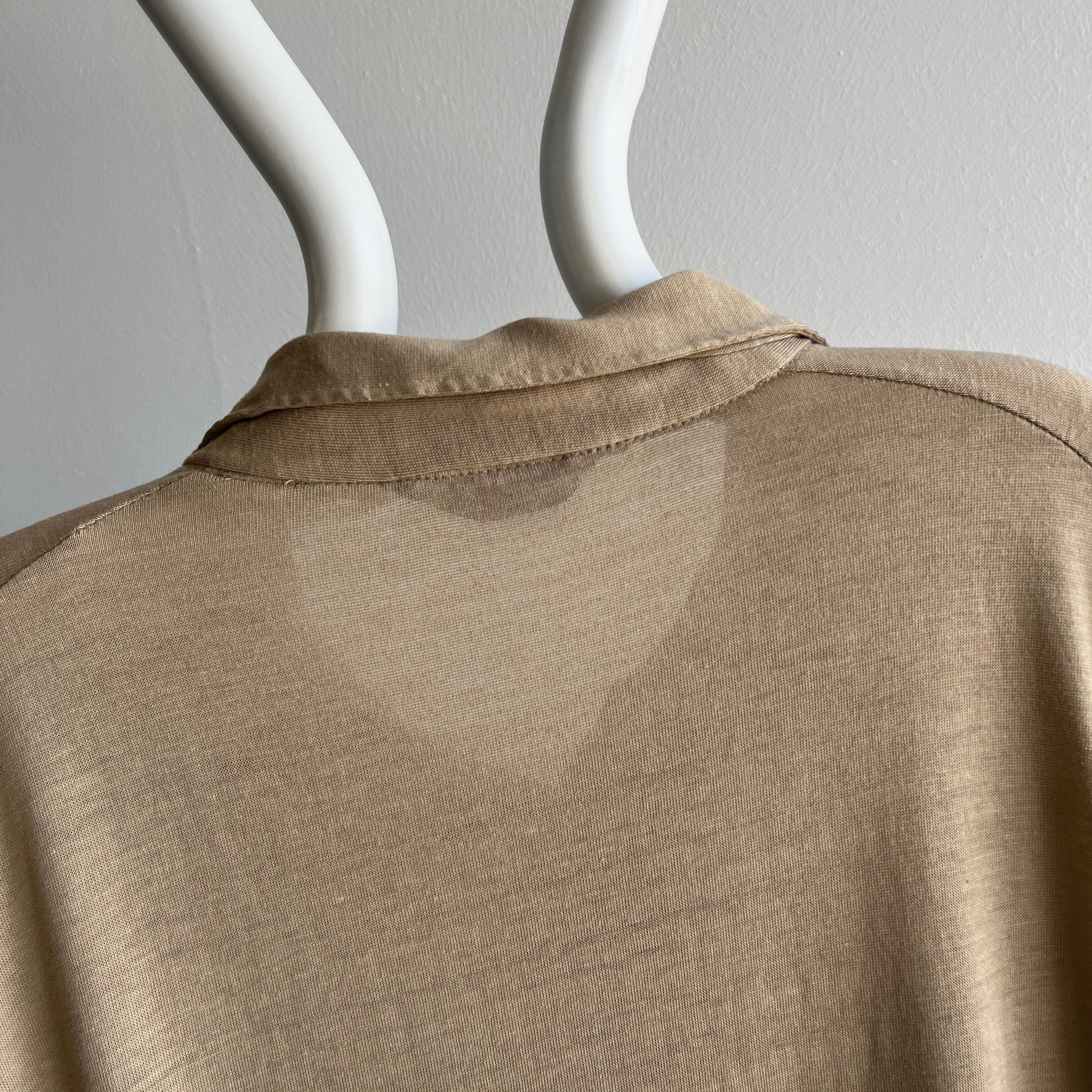 1970/80s Super Thin, Soft and Slouchy Long Sleeve Khaki Polo Shirt