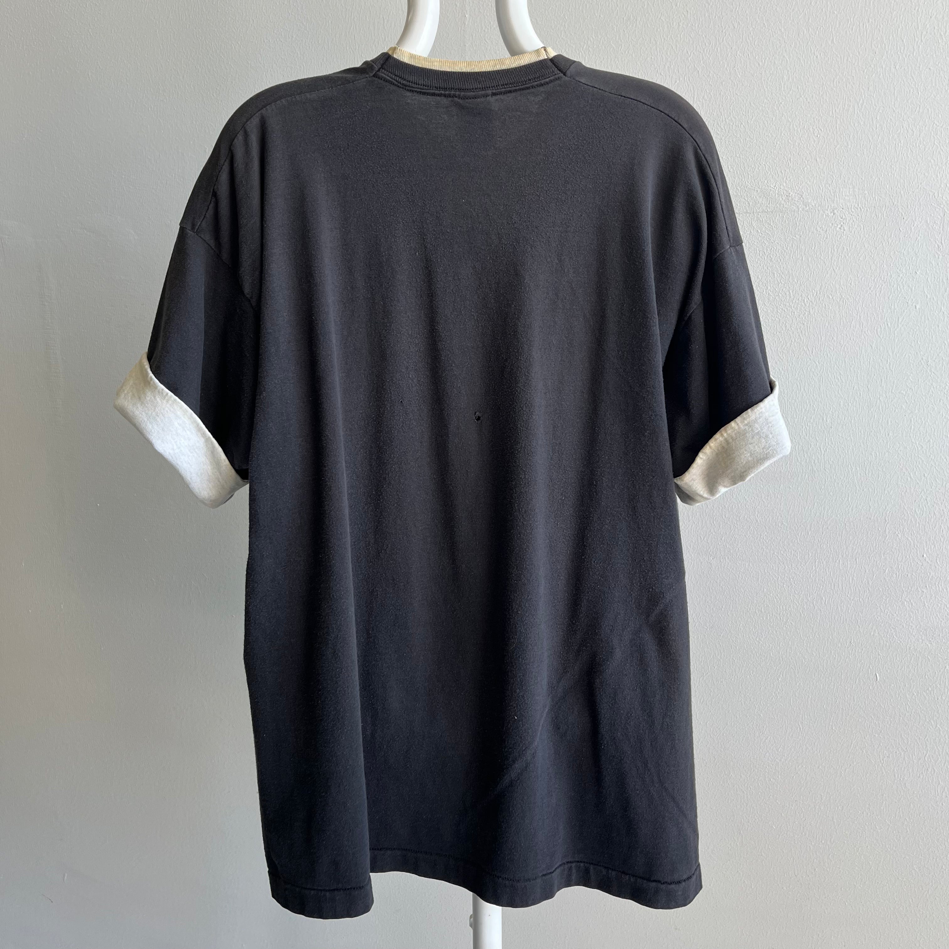 1980s Nicely Age Stained Two Toned Blank Black T-Shirt by Mungswear