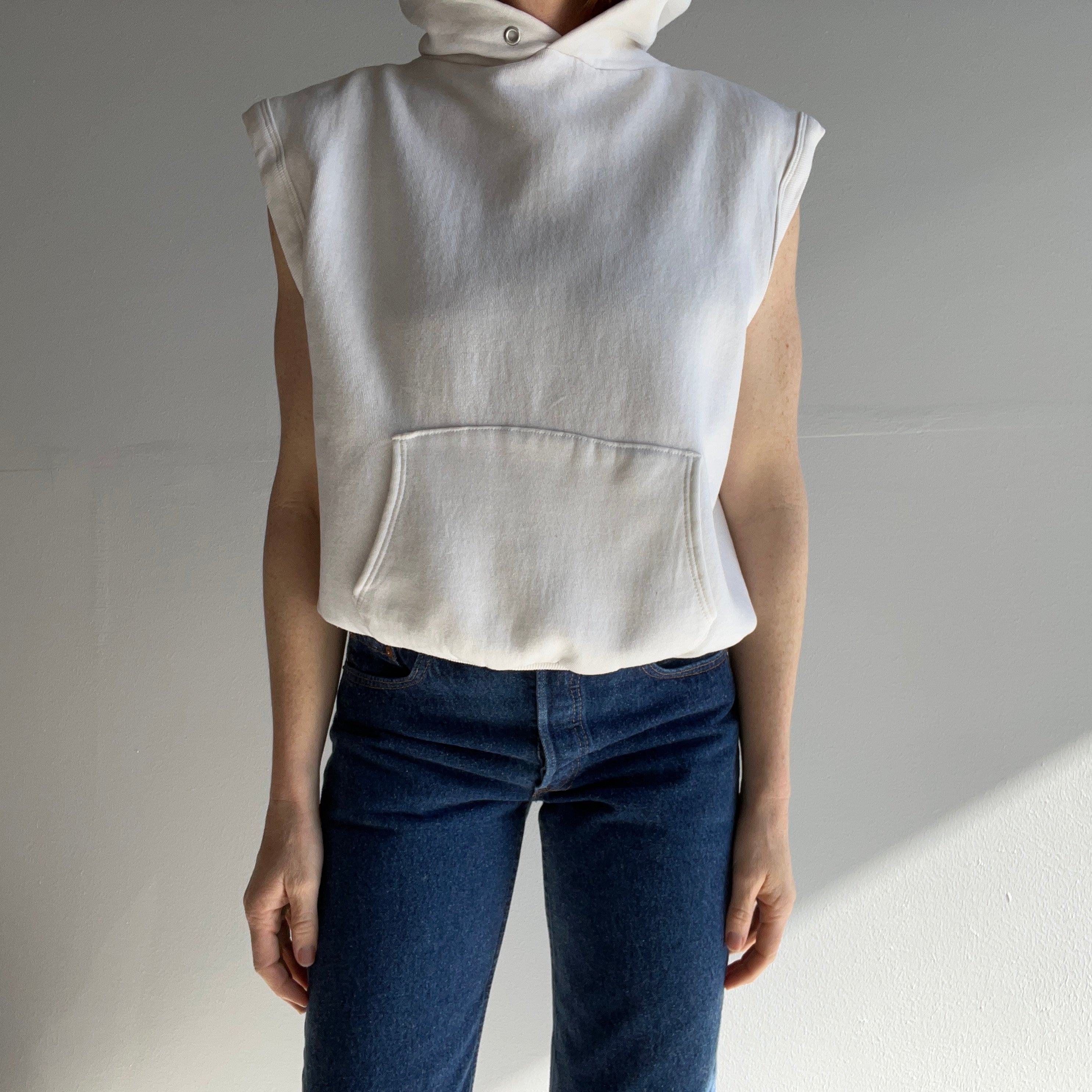 1980s Blank White Hoodie Warm Up Sweatshirt Vest