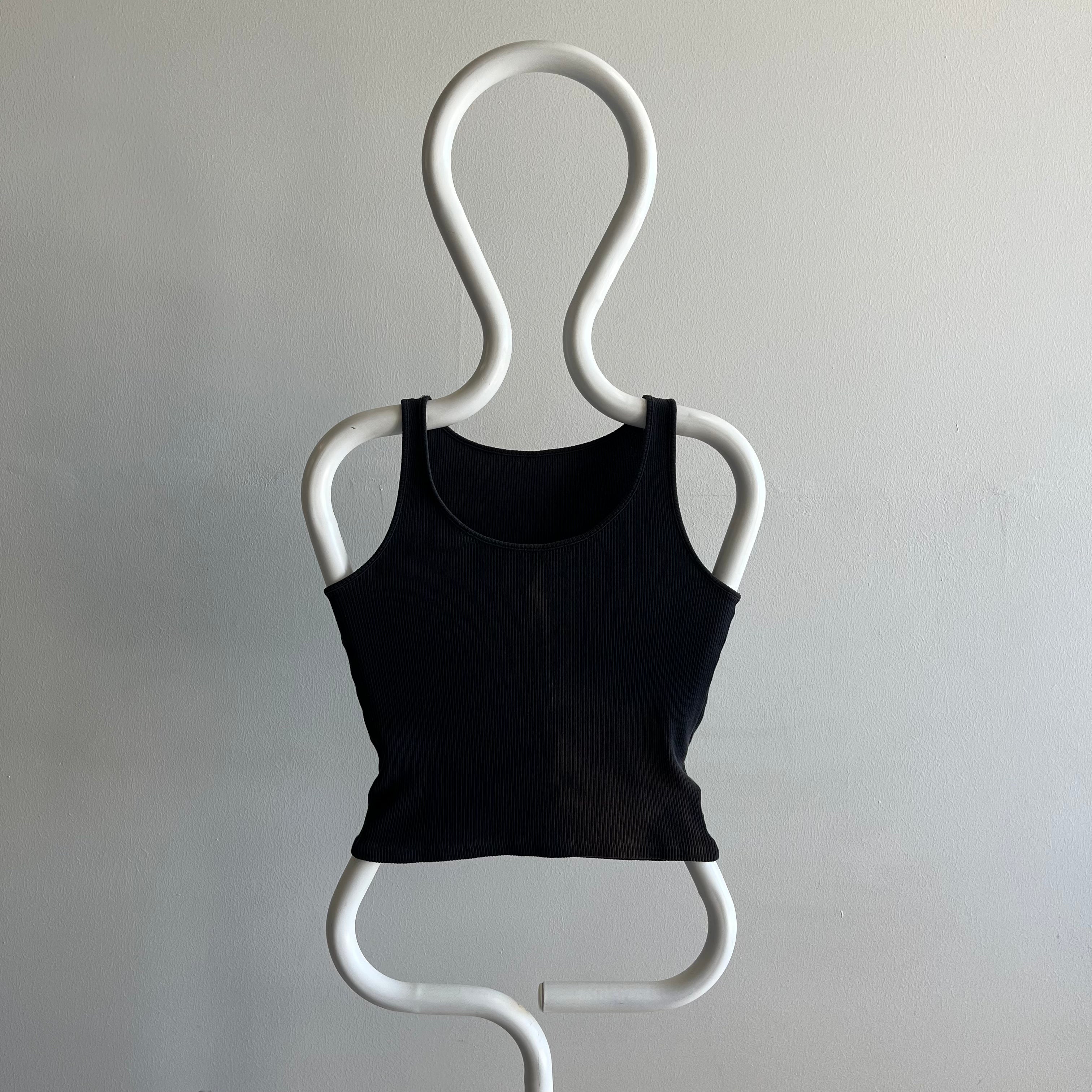 1980s Sun Faded Blank Ribbed Black Cotton Tank Crop - !!!