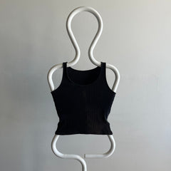 1980s Sun Faded Blank Ribbed Black Cotton Tank Crop - !!!