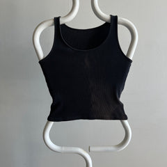 1980s Sun Faded Blank Ribbed Black Cotton Tank Crop - !!!