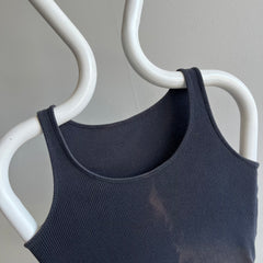 1980s Sun Faded Blank Ribbed Black Cotton Tank Crop - !!!