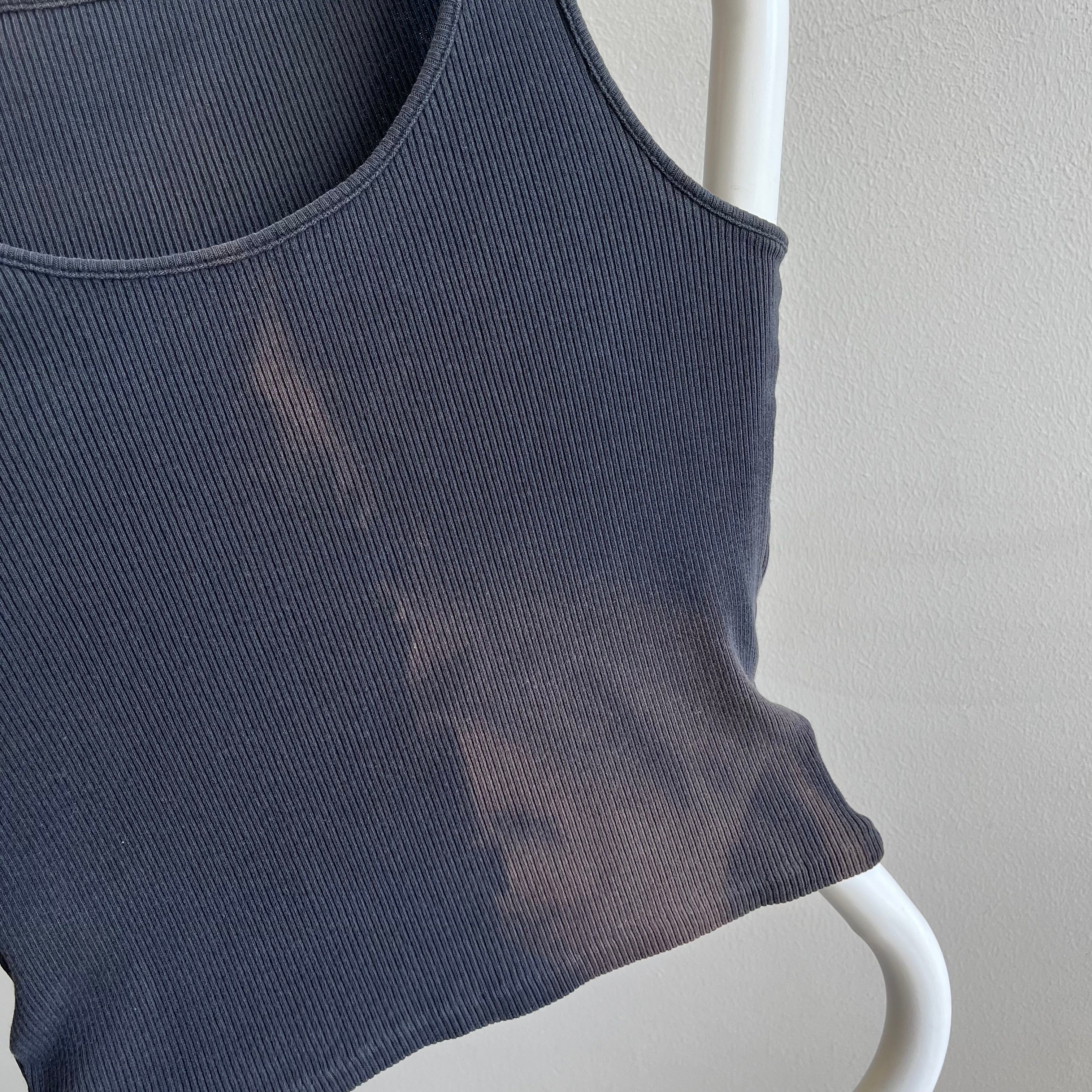 1980s Sun Faded Blank Ribbed Black Cotton Tank Crop - !!!