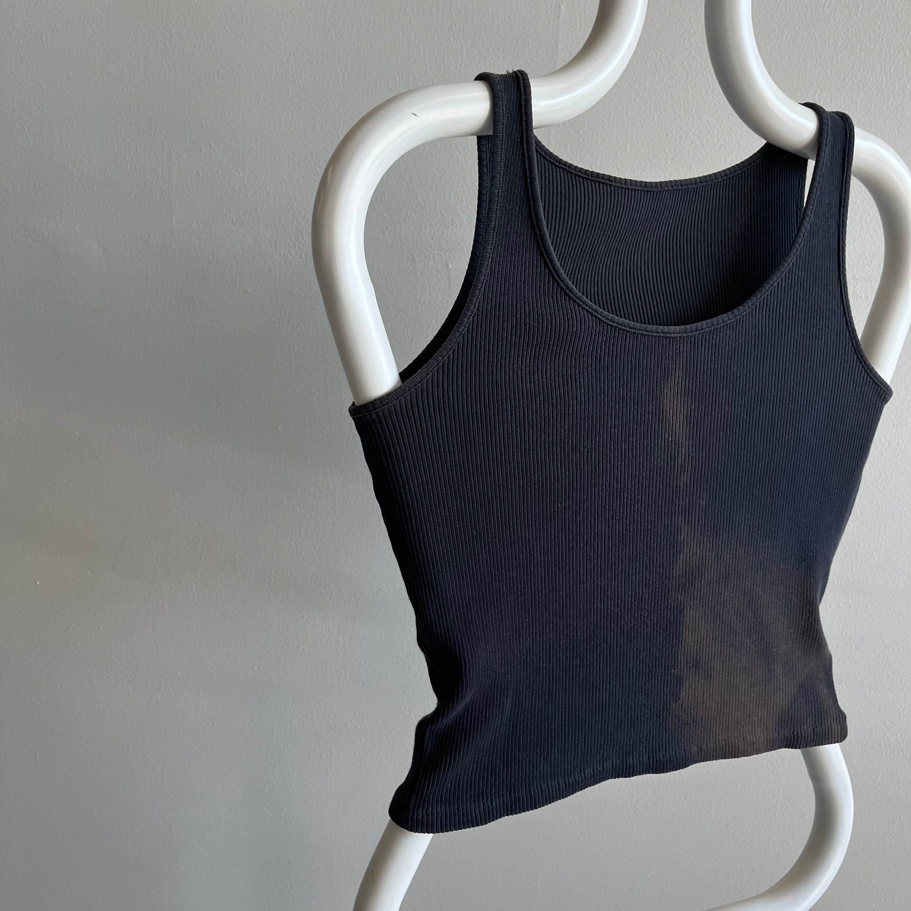 1980s Sun Faded Blank Ribbed Black Cotton Tank Crop - !!!