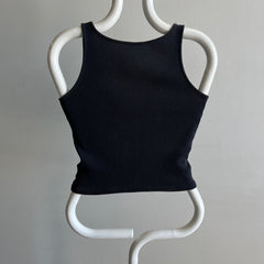 1980s Sun Faded Blank Ribbed Black Cotton Tank Crop - !!!