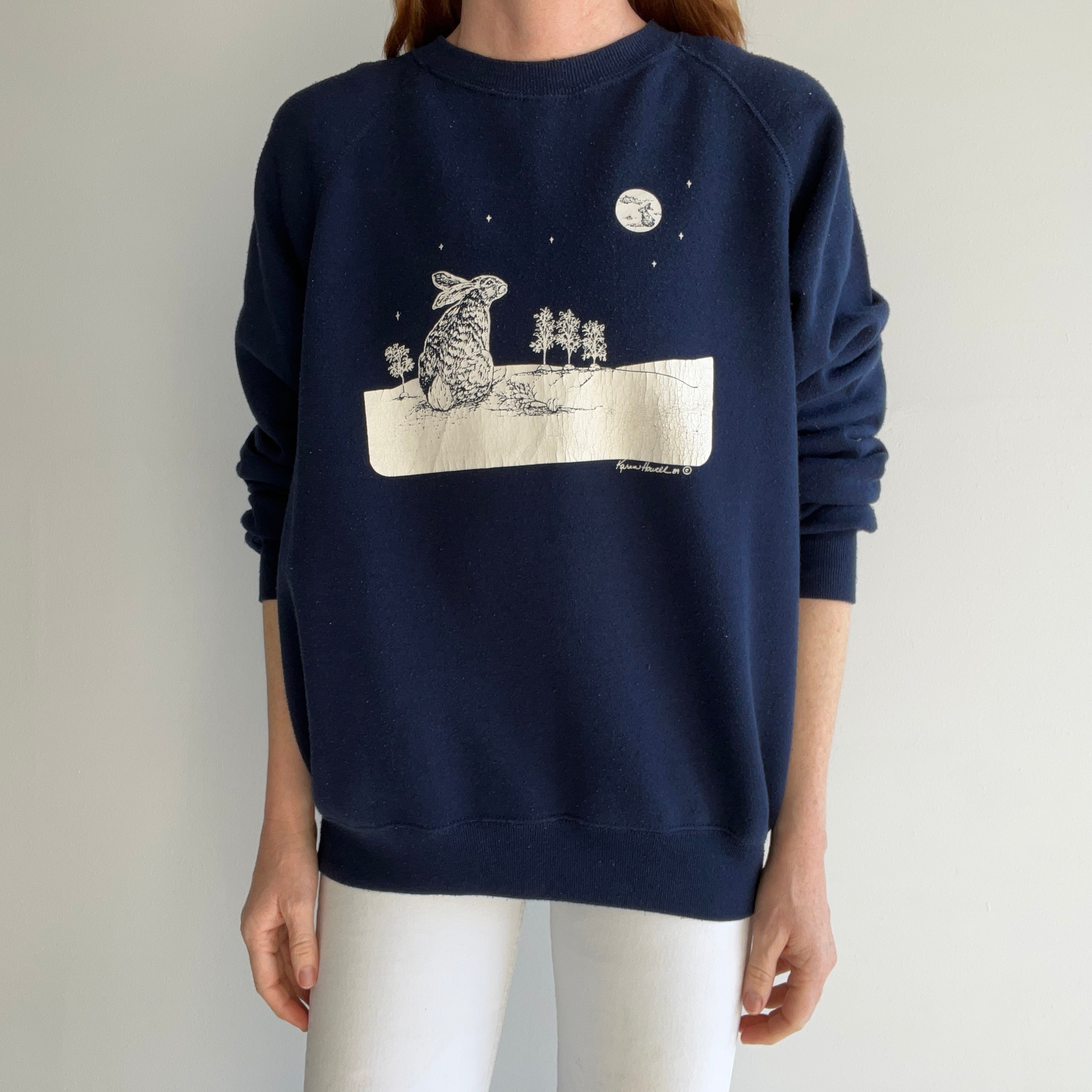 1989 Bunny Rabbit Staring at a Bunny Rabbit Moon Sweatshirt - Awwwwwwww