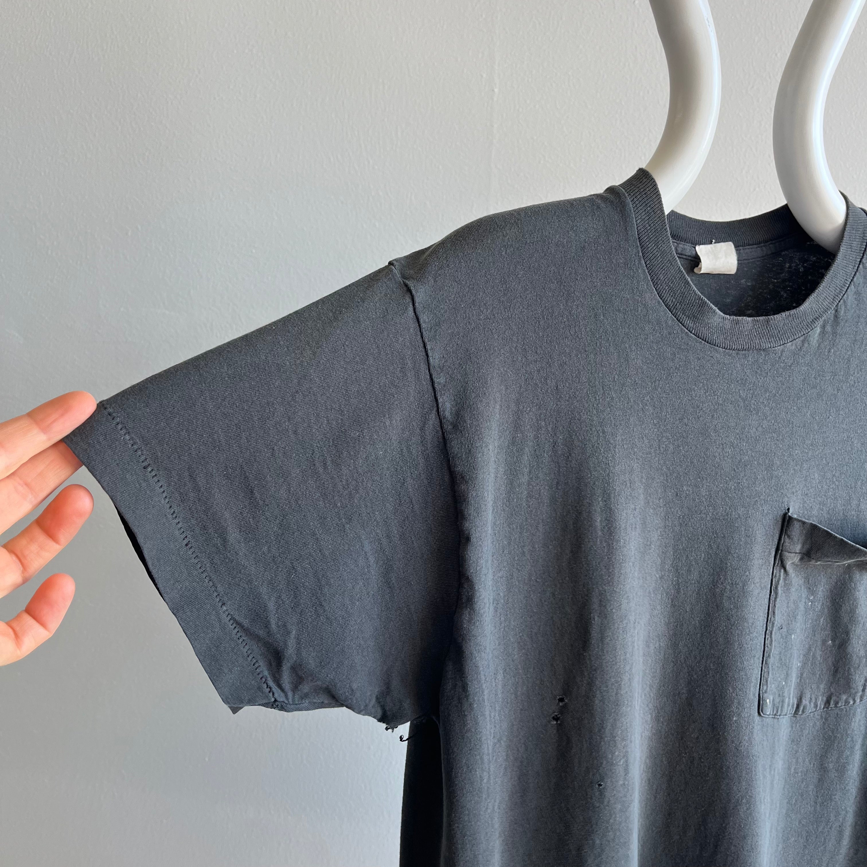 1980s Thrashed Selvedge Pocket Blank Black Cotton T-Shirt - Personal Collection