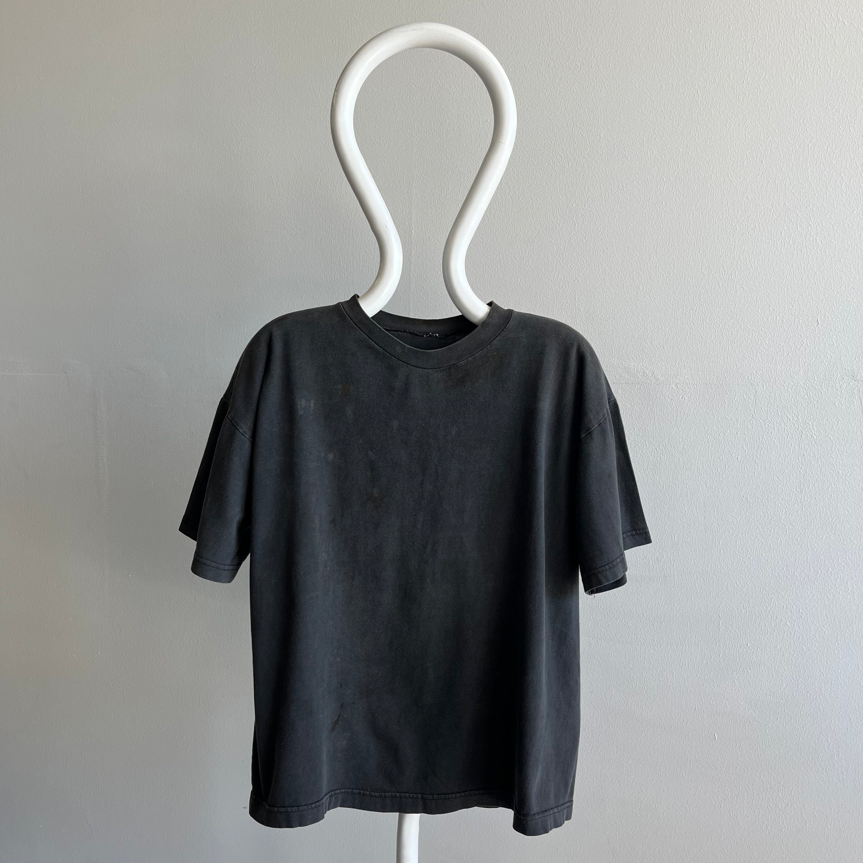 1990s Super Age Stained and Faded Blank Black Boxy Cotton T-Shirt