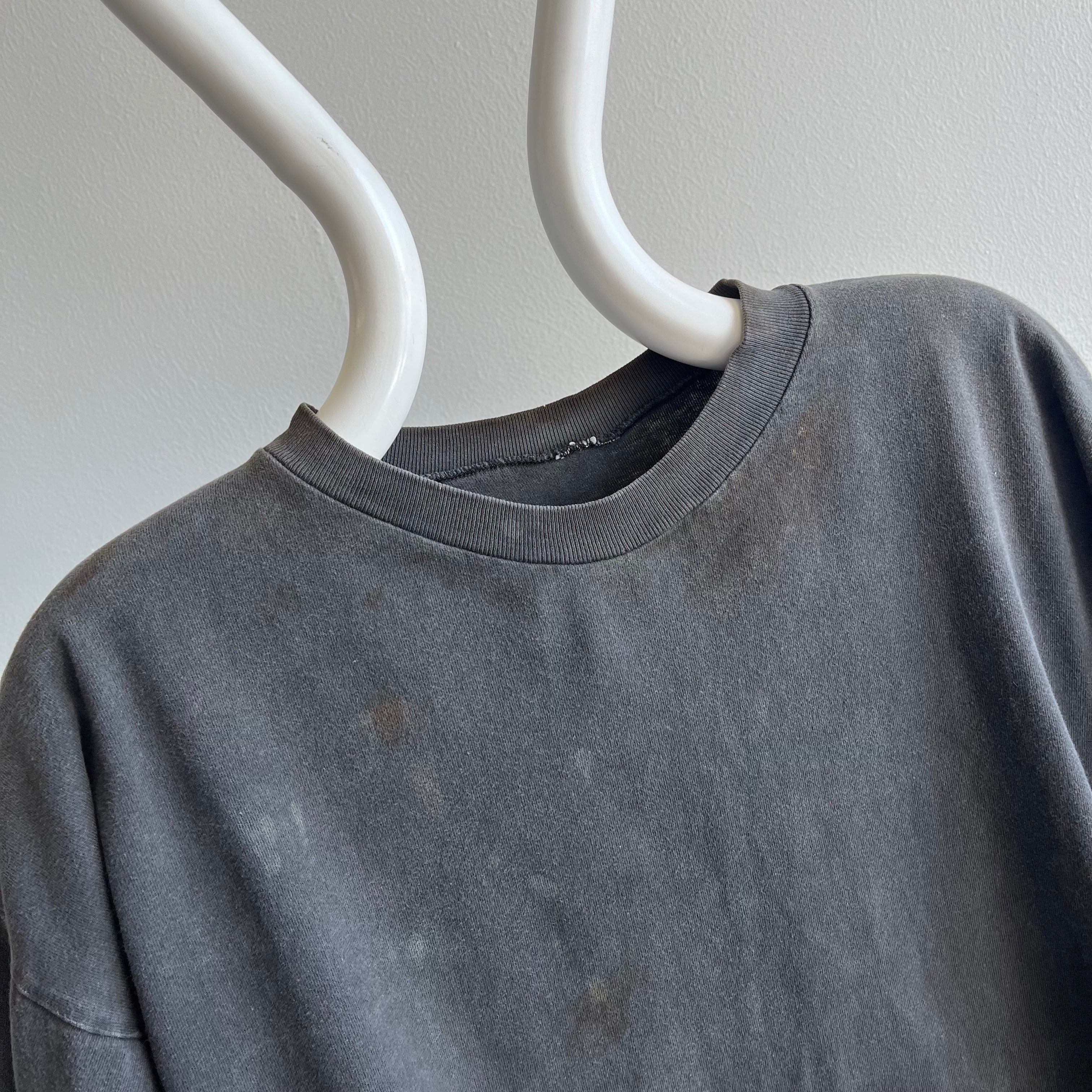 1990s Super Age Stained and Faded Blank Black Boxy Cotton T-Shirt