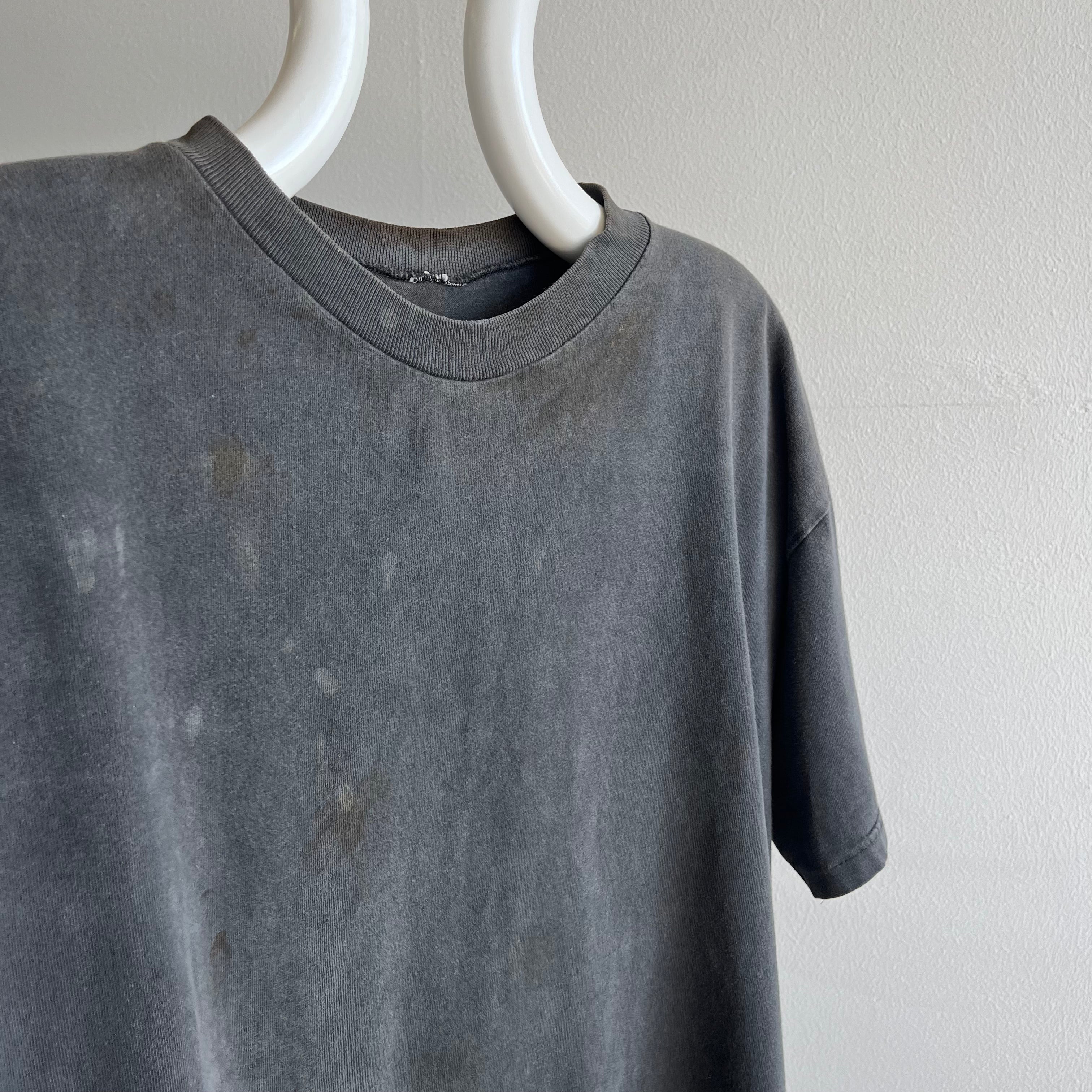 1990s Super Age Stained and Faded Blank Black Boxy Cotton T-Shirt