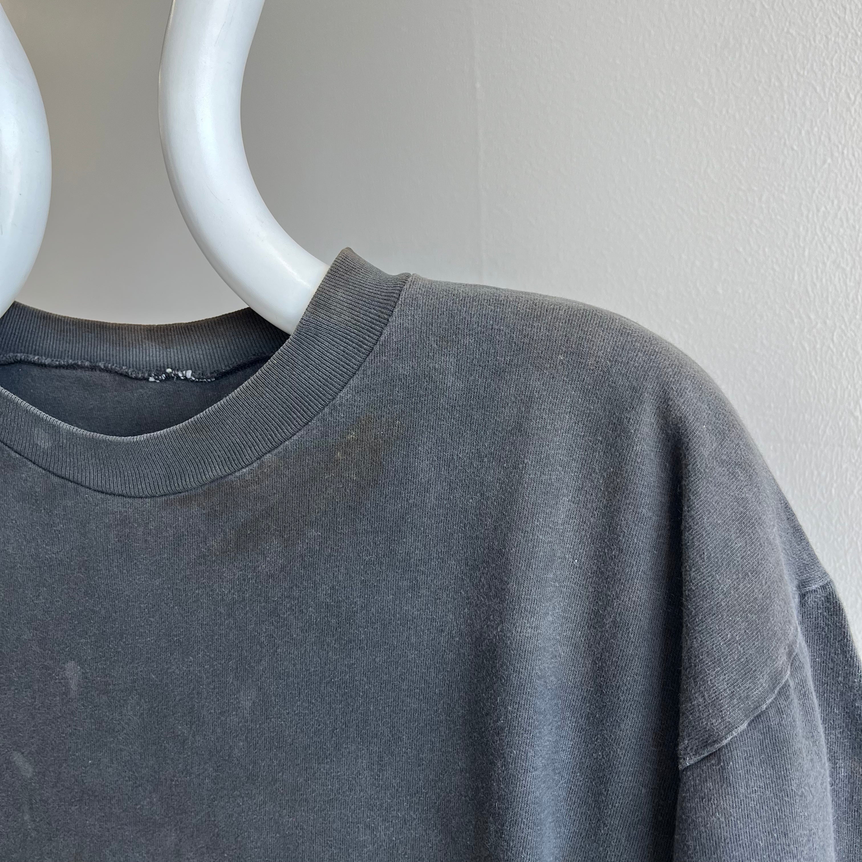 1990s Super Age Stained and Faded Blank Black Boxy Cotton T-Shirt