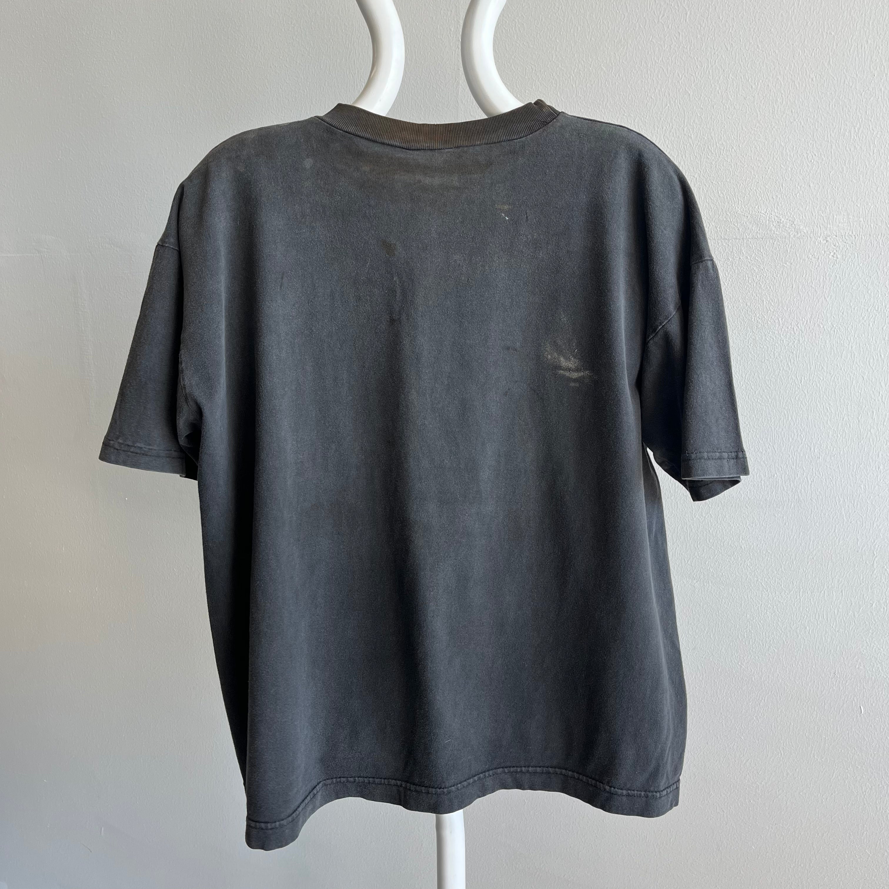 1990s Super Age Stained and Faded Blank Black Boxy Cotton T-Shirt