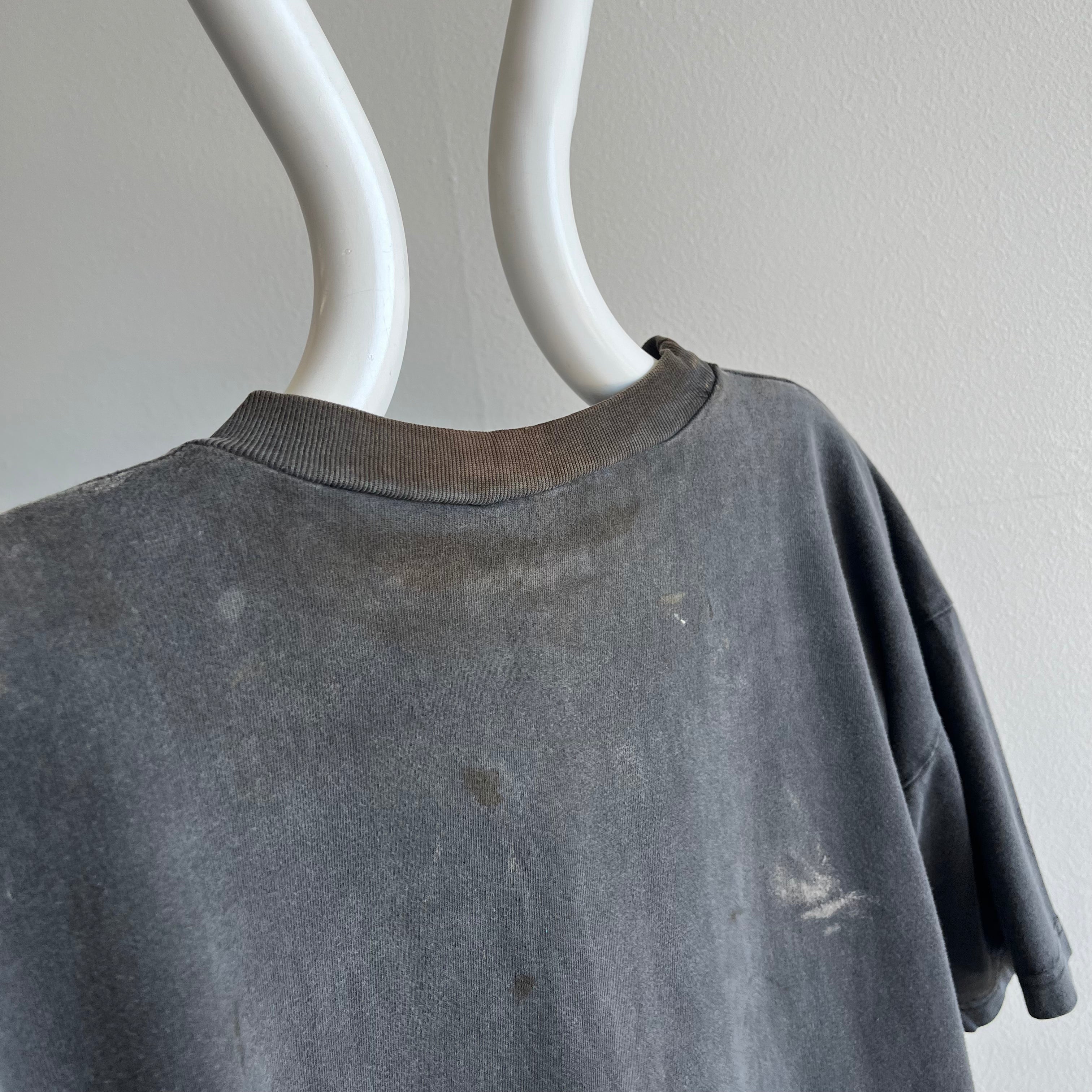 1990s Super Age Stained and Faded Blank Black Boxy Cotton T-Shirt