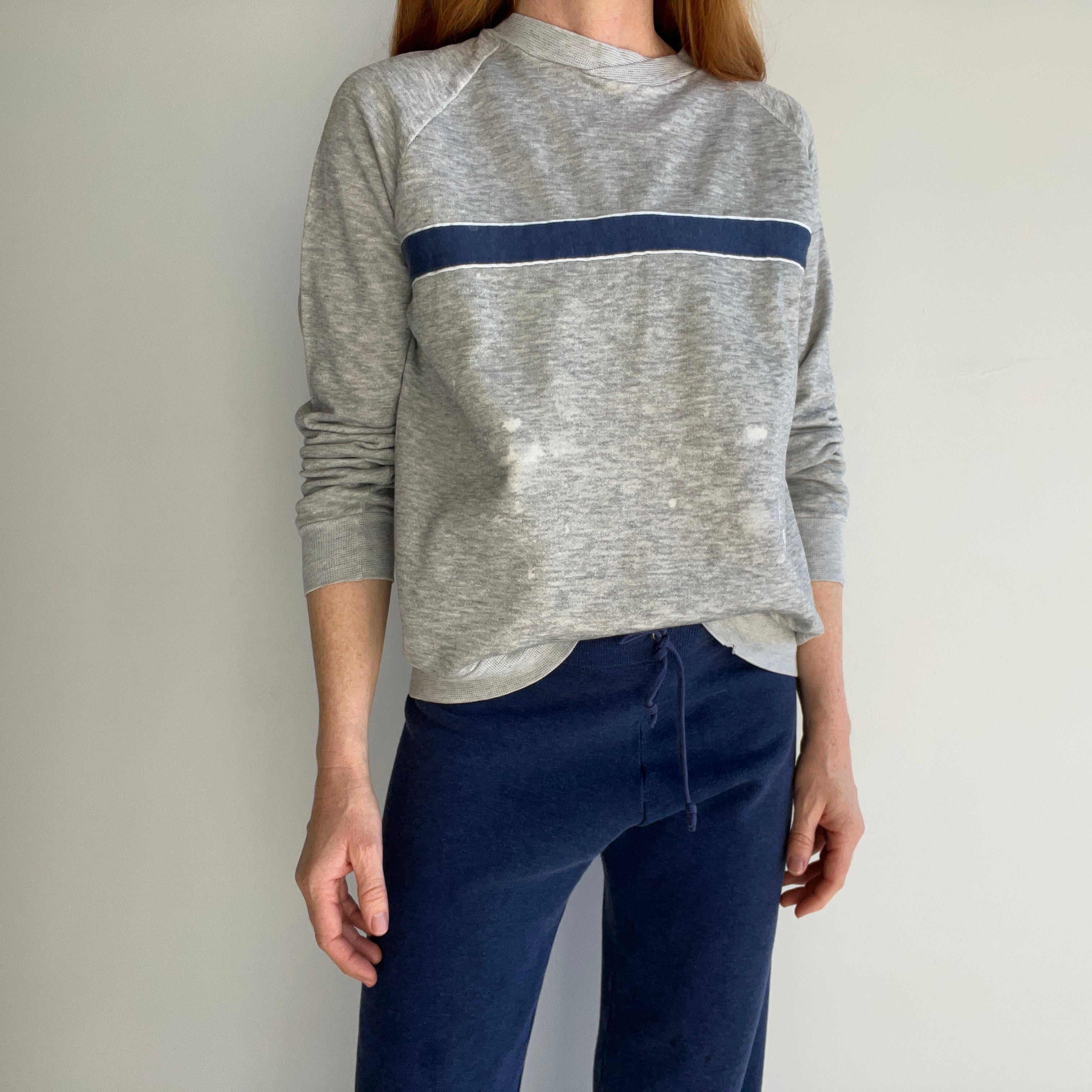 1980s Blank Striped Sweatshirt with Faint Staining