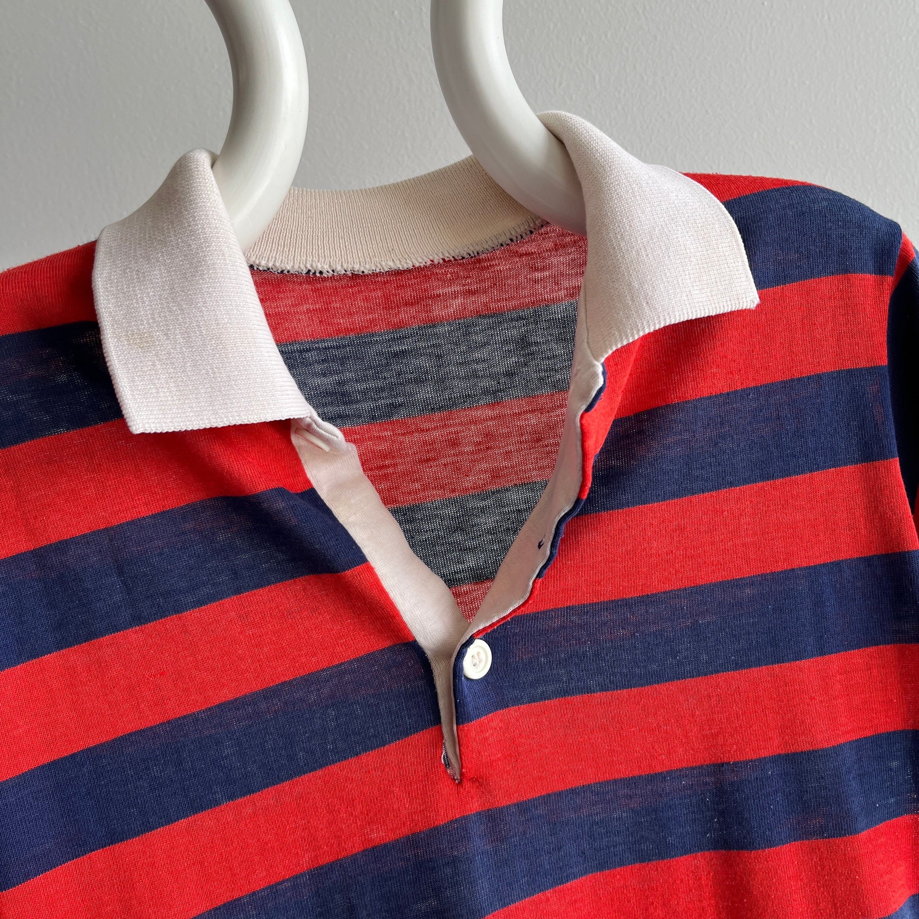 1970s Red, White and Blue Striped Worn Out and Destroyed Polo Shirt