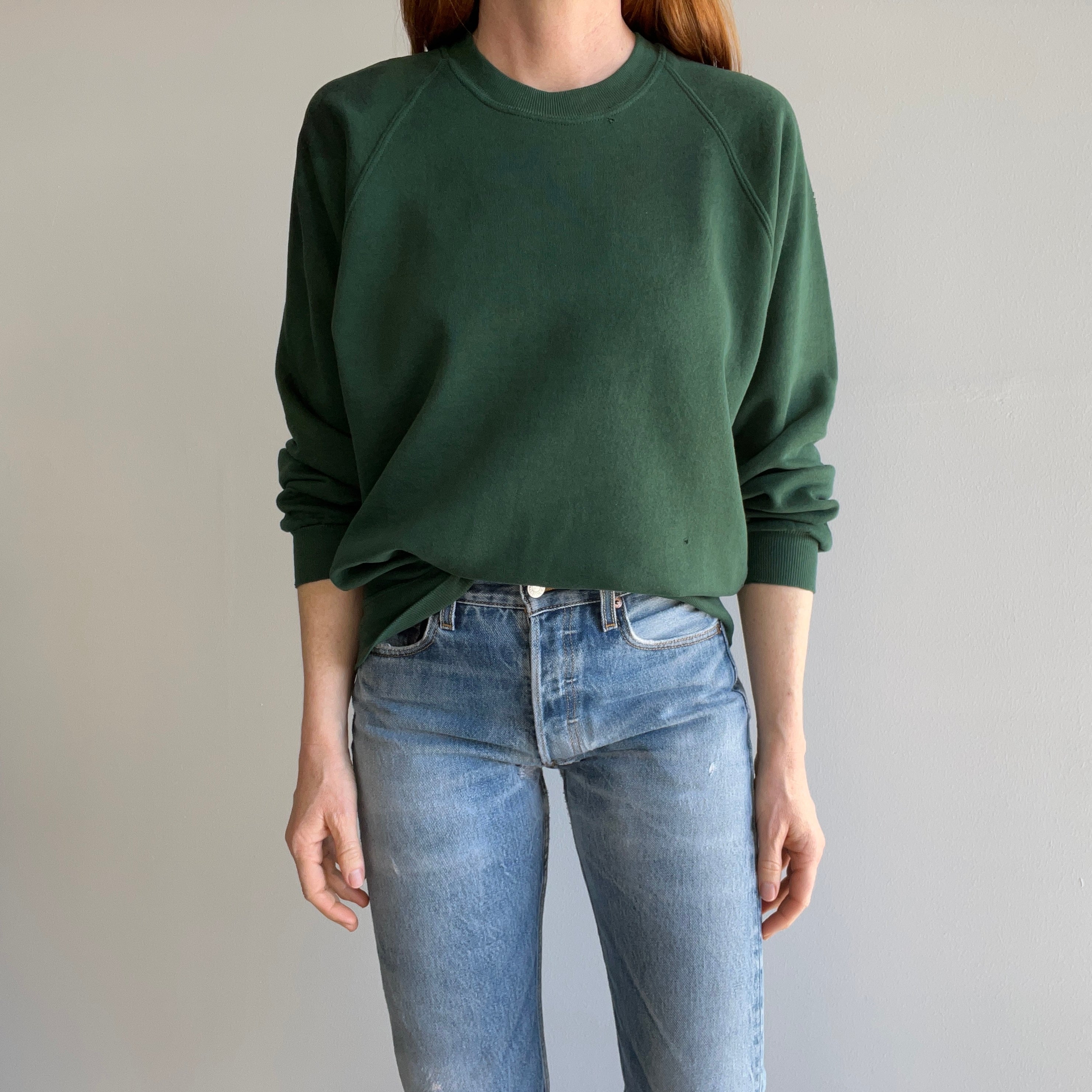 1980s Heavily Stained (In A Cool Way) and Lightly Tattered Leafy Green Sweatshirt