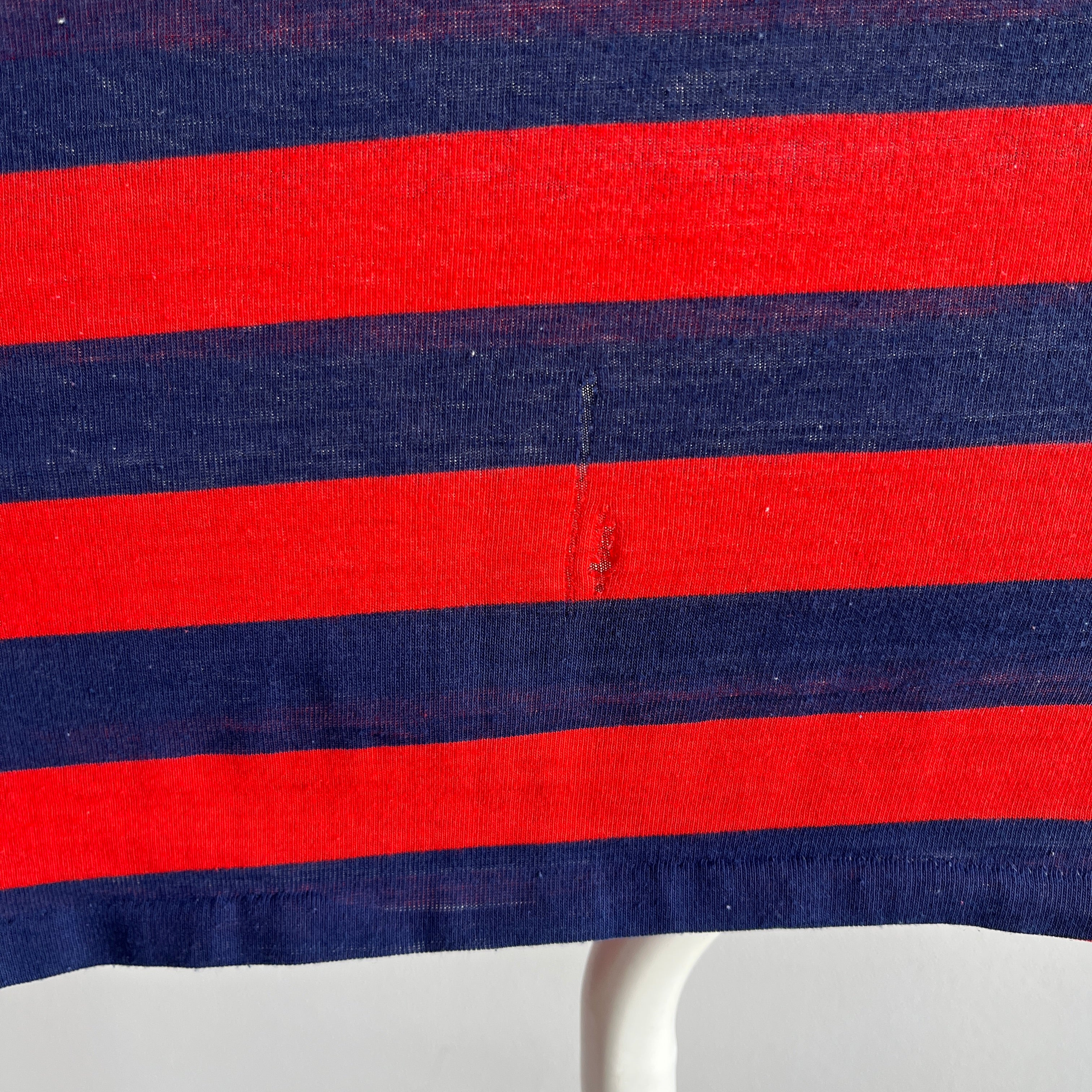 1970s Red, White and Blue Striped Worn Out and Destroyed Polo Shirt