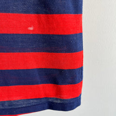 1970s Red, White and Blue Striped Worn Out and Destroyed Polo Shirt