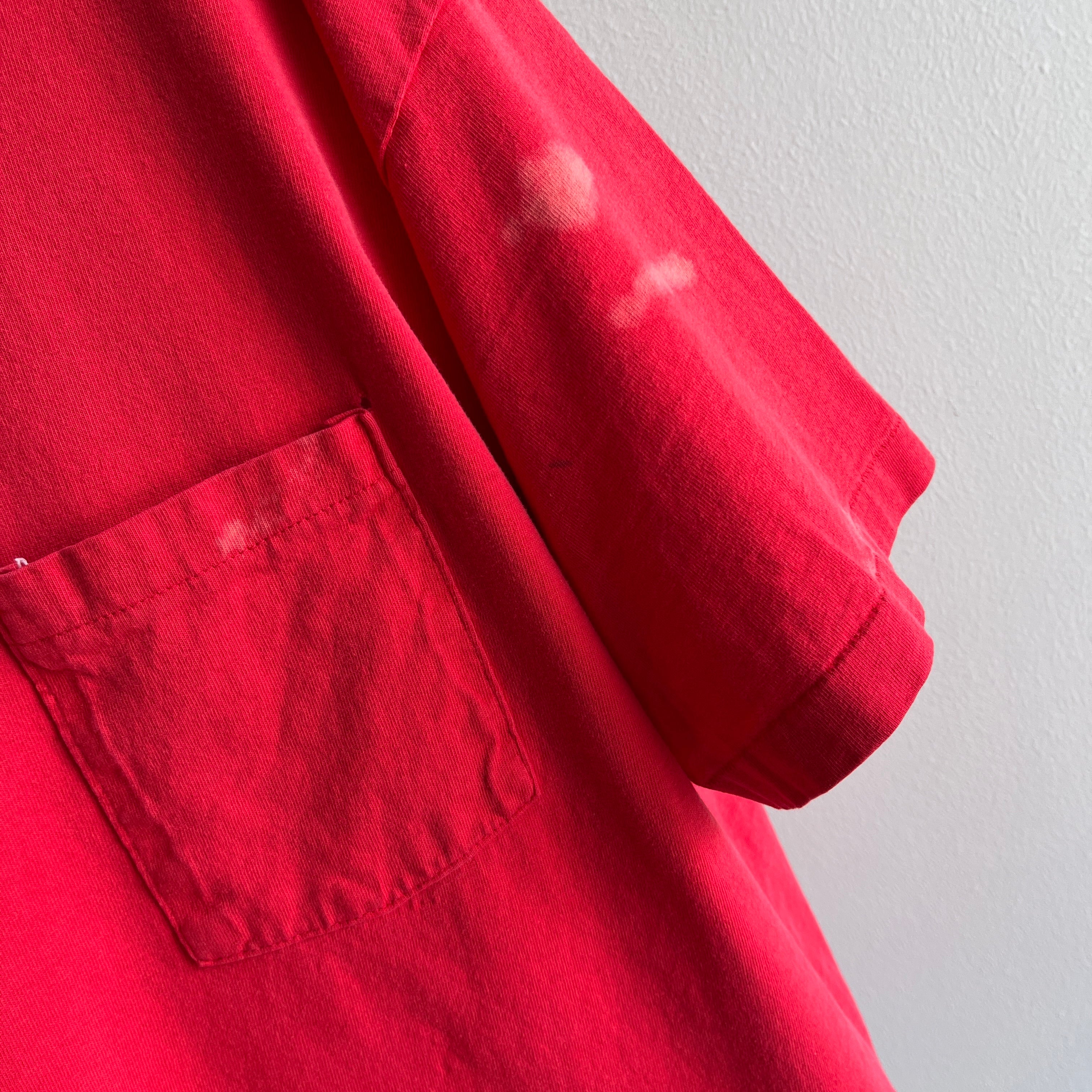1990s Nicely Bleach Stained Selvedge Red Cotton Pocket T-Shirt