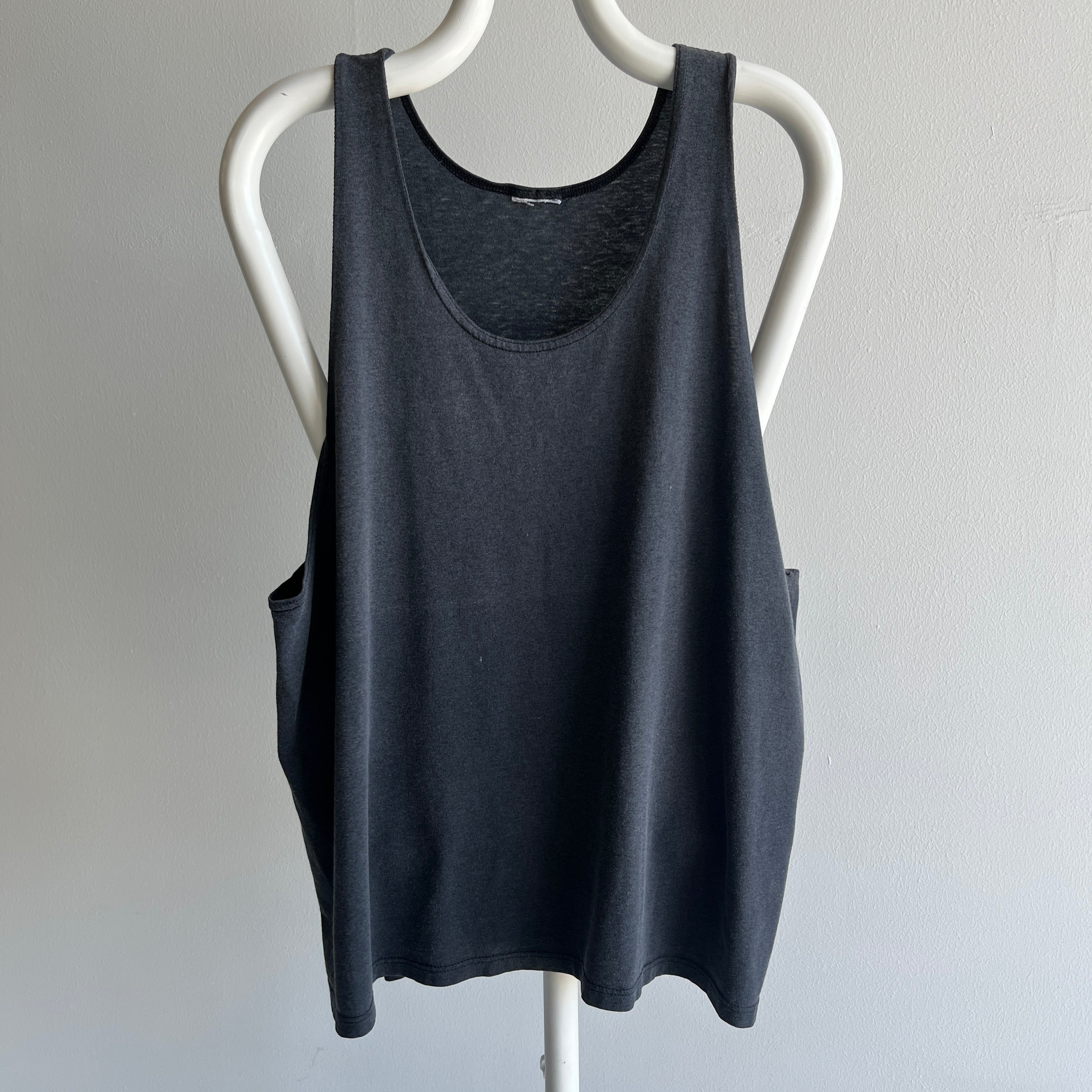 1980s Super Slouchy Faded Black To Gray Low Pit Tank Top