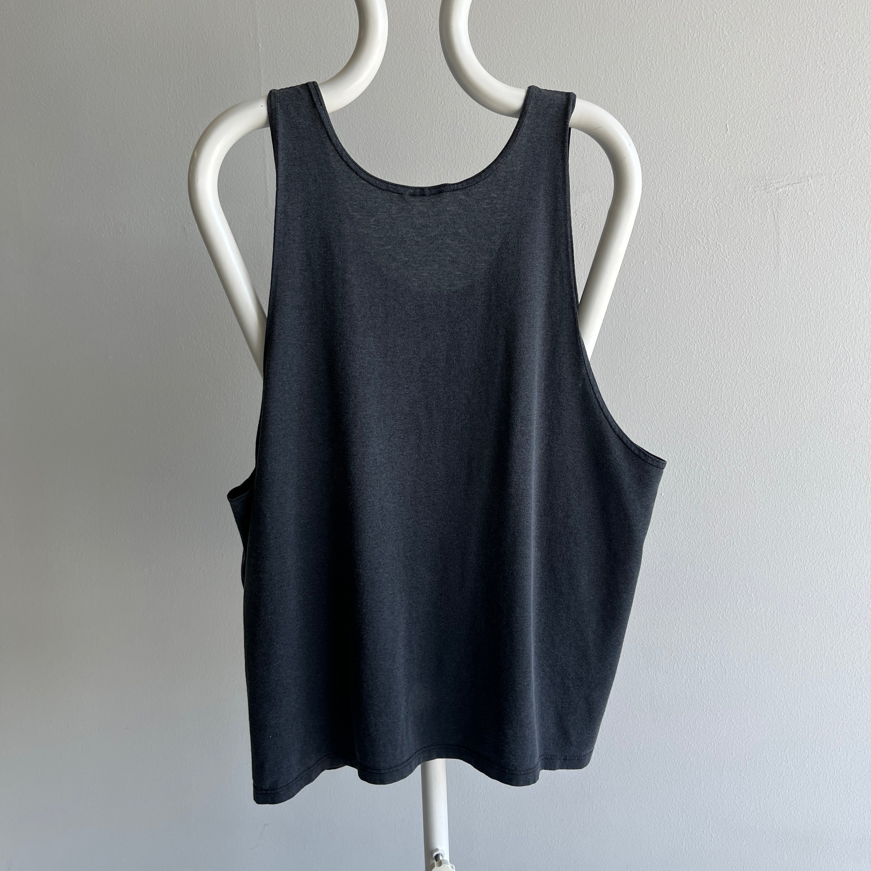 1980s Super Slouchy Faded Black To Gray Low Pit Tank Top