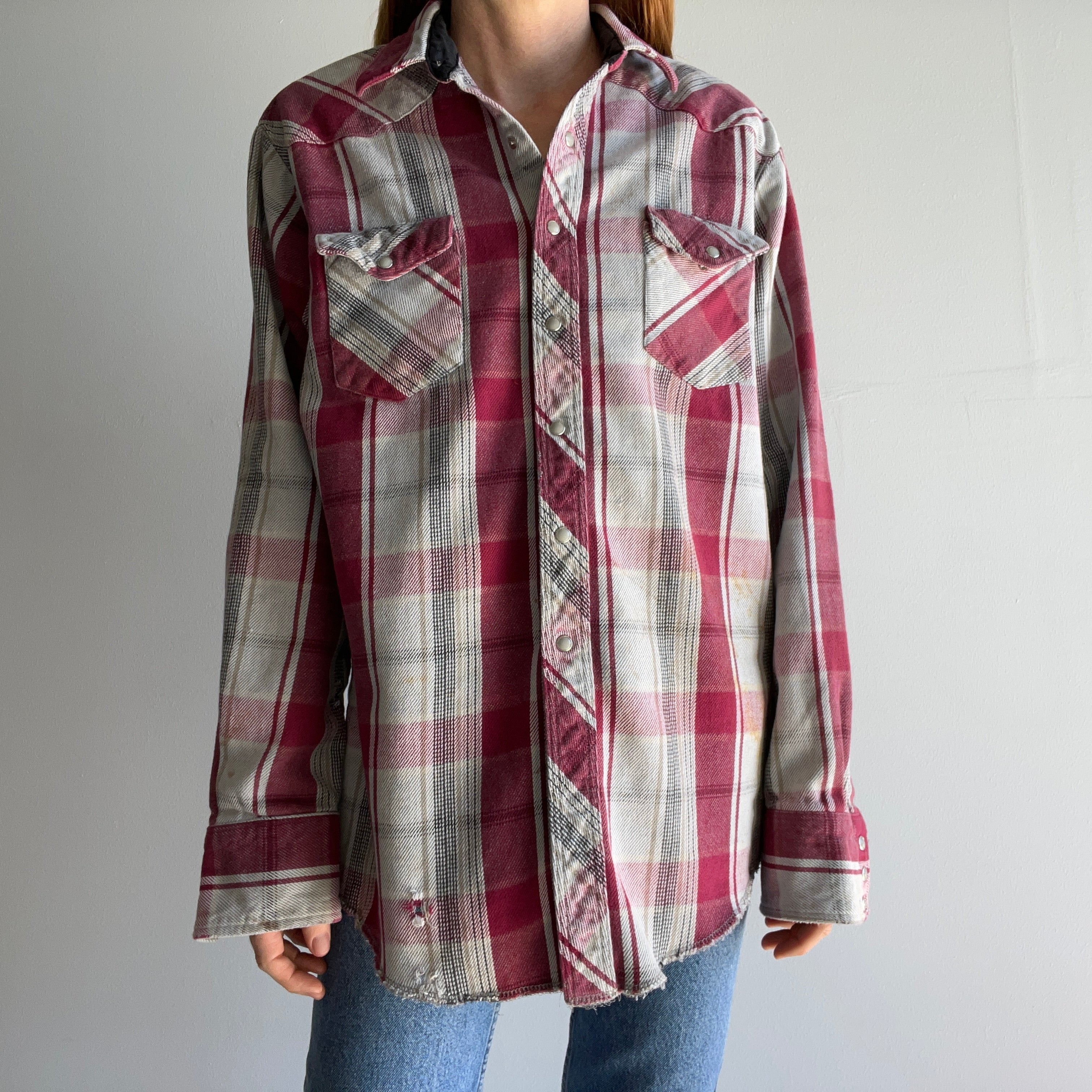 1990s Nicely Worn and Stained Heavyweight Cotton Wrangler Cowboy Flannel