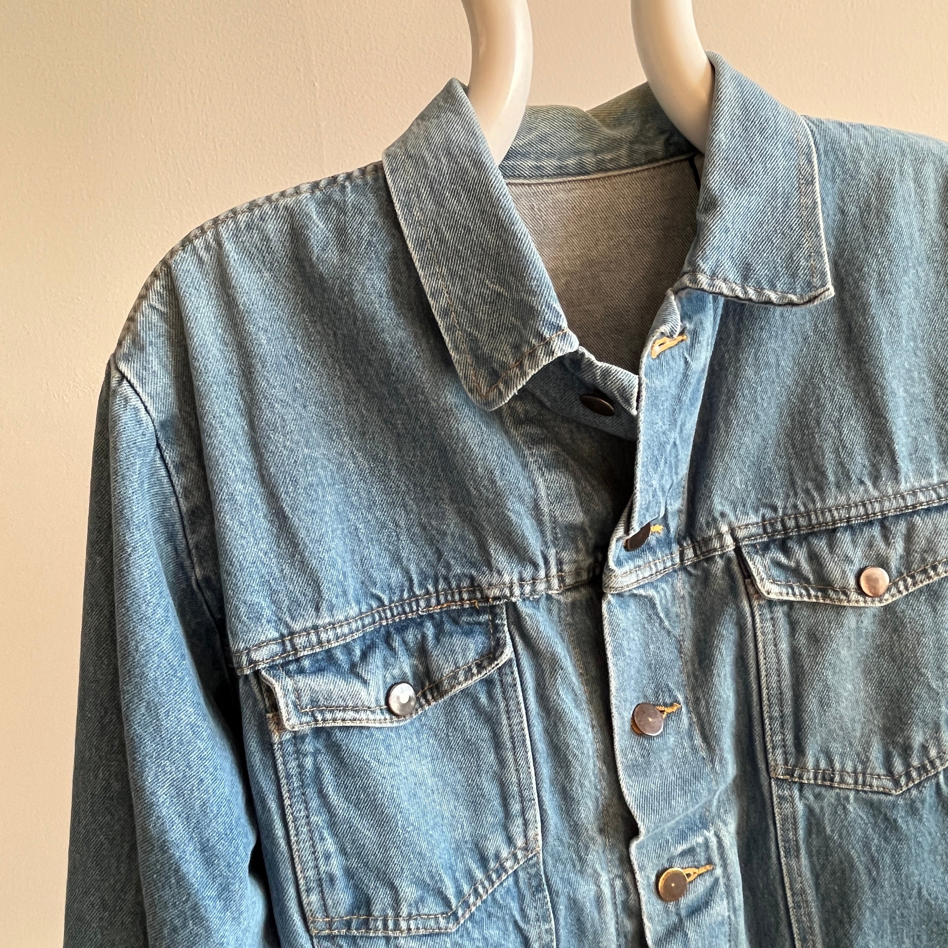 1980s Soft Light Wash Denim Jean Jacket with a Cool Bleach Stain