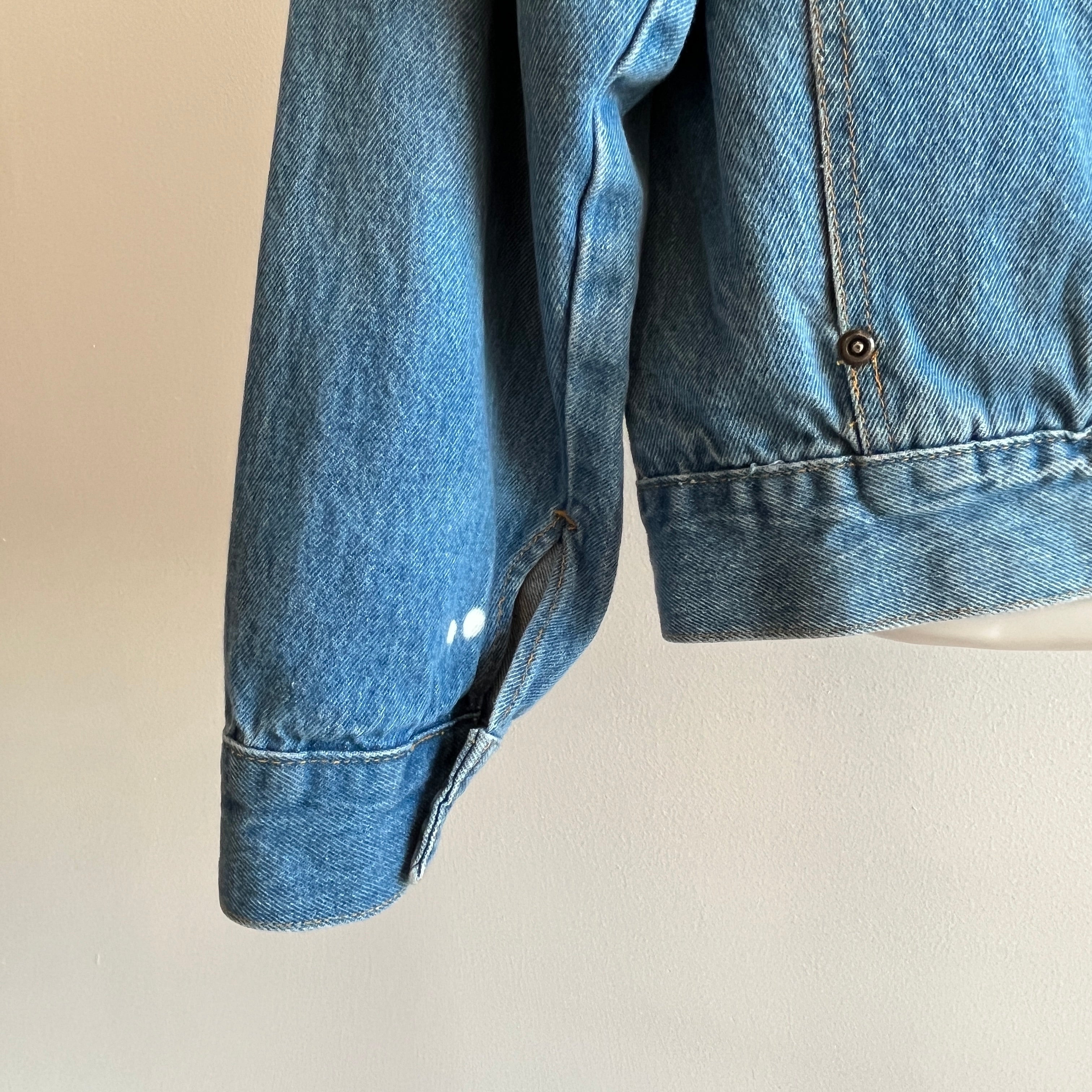 1980s Soft Light Wash Denim Jean Jacket with a Cool Bleach Stain