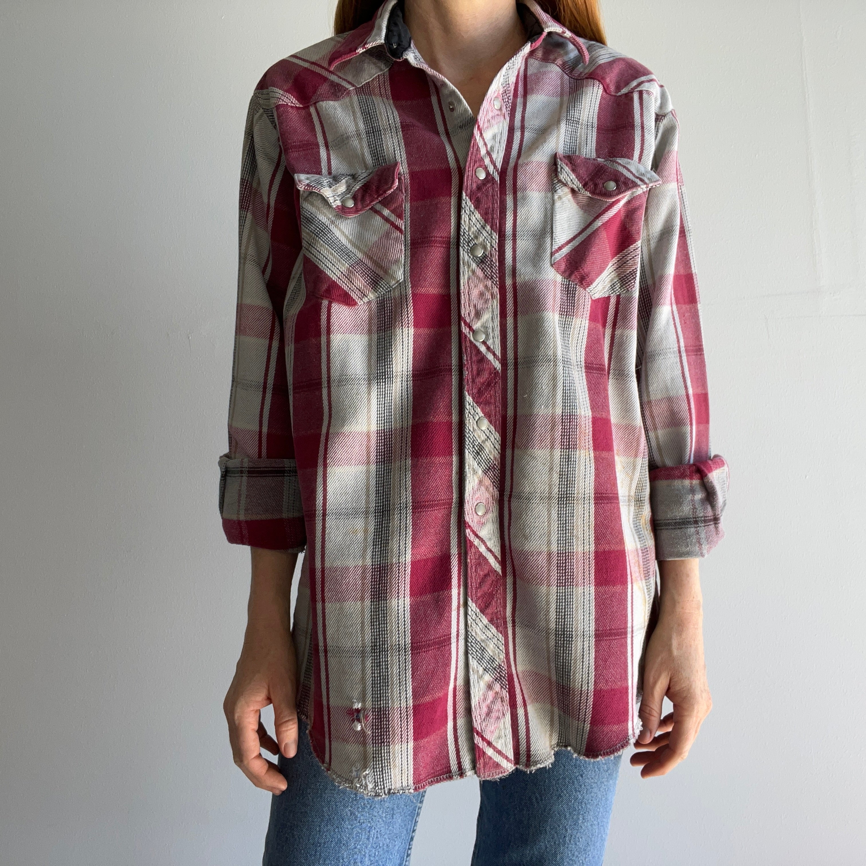 1990s Nicely Worn and Stained Heavyweight Cotton Wrangler Cowboy Flannel