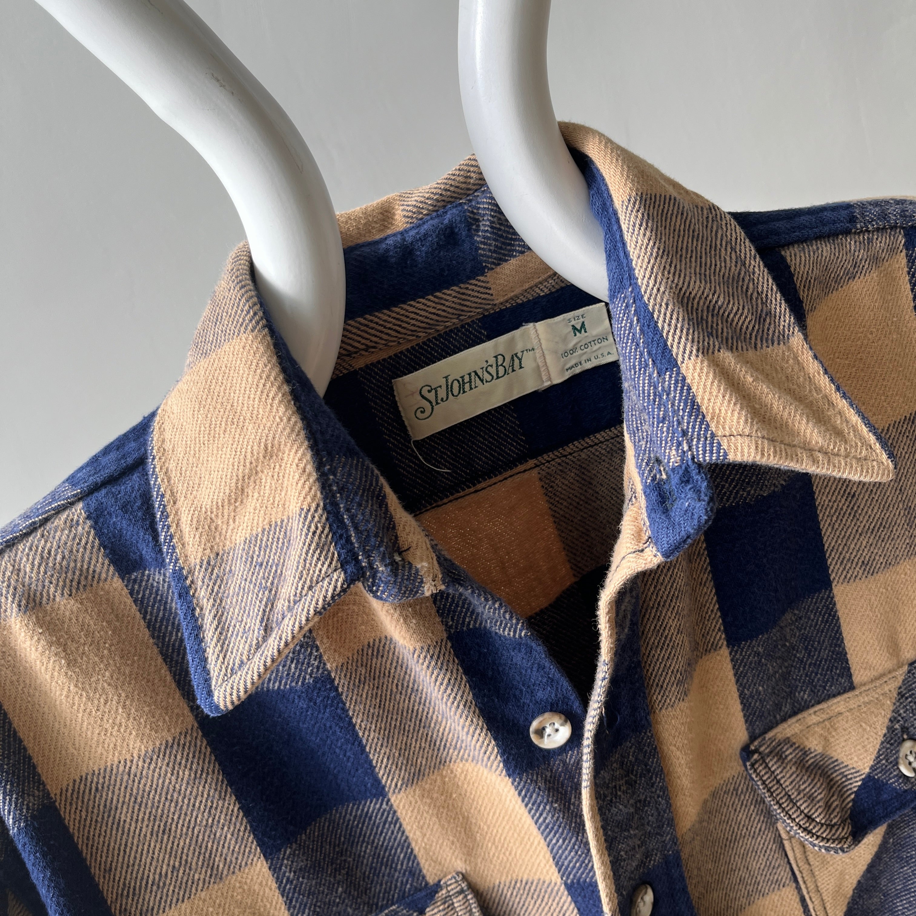 1990s St. John's Bay Navy and Tan Buffalo Plaid Cotton Flannel