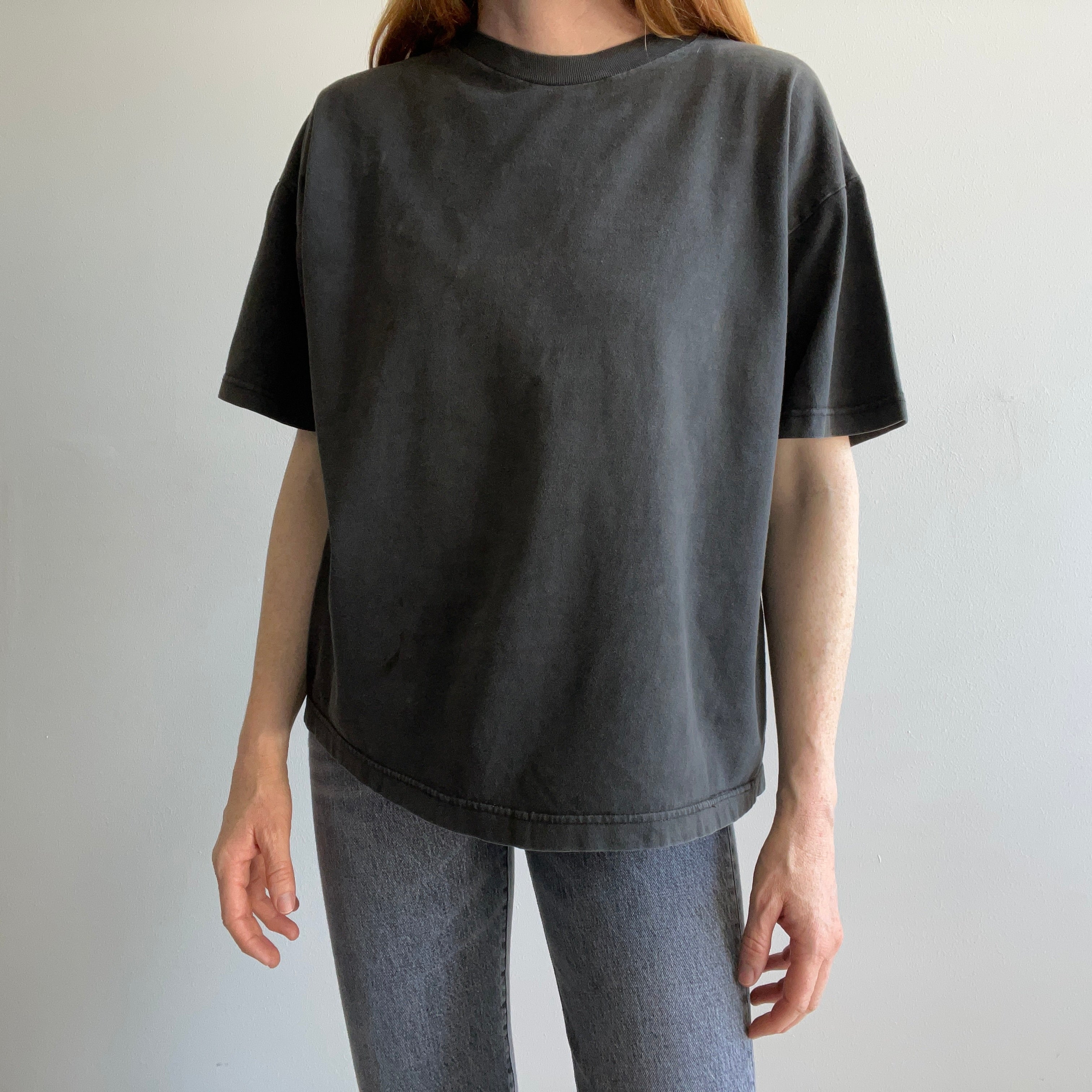 1990s Super Age Stained and Faded Blank Black Boxy Cotton T-Shirt