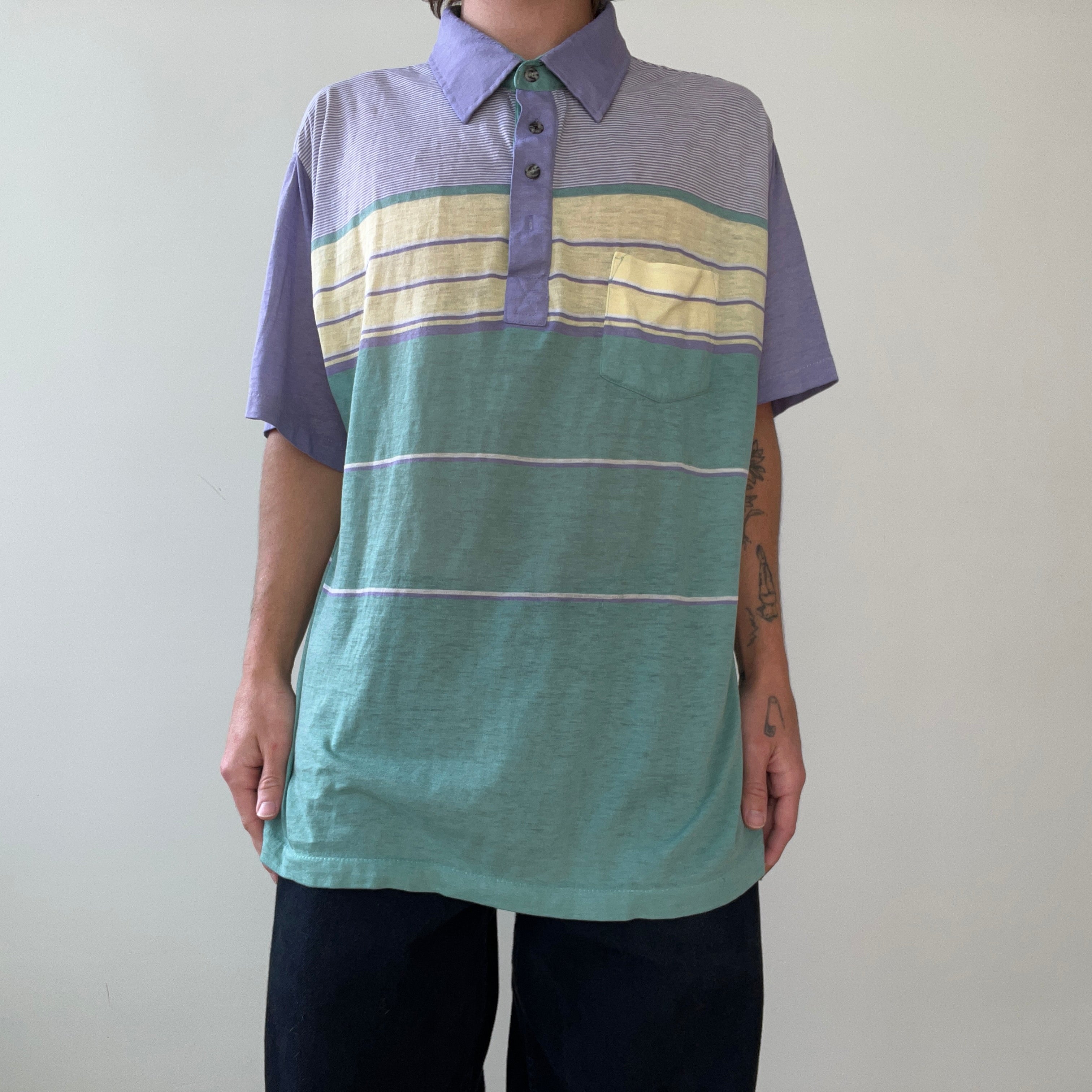 1980s Pastel Green And Purple Striped Polo Style T Shirt