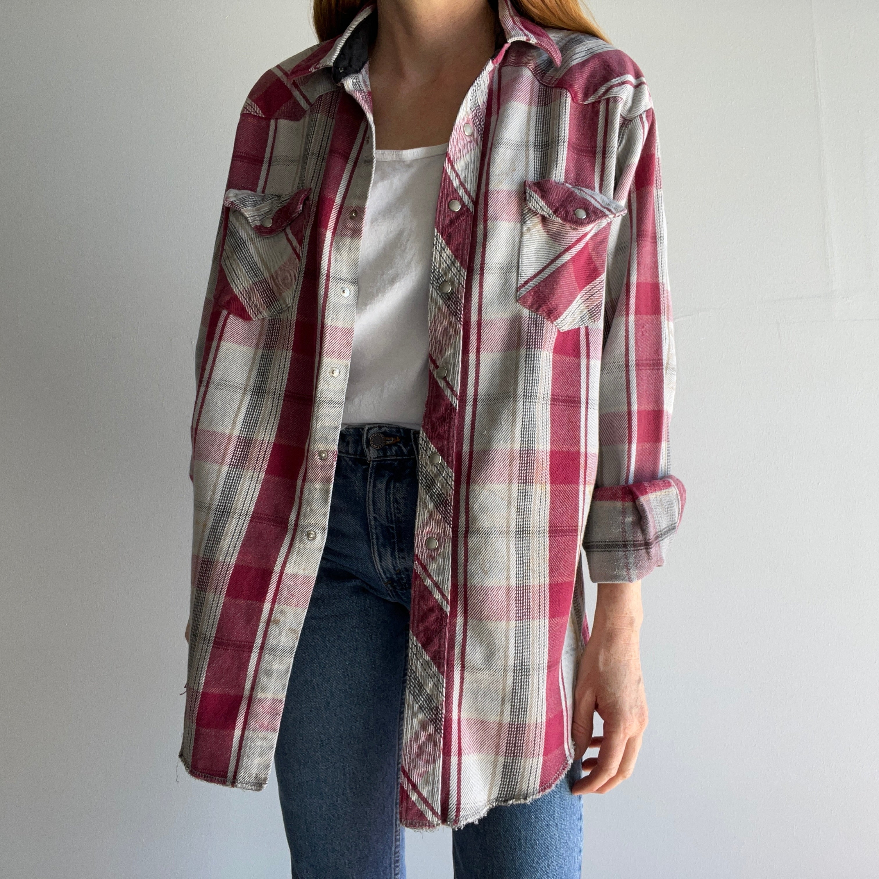 1990s Nicely Worn and Stained Heavyweight Cotton Wrangler Cowboy Flannel