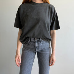 1990s Super Age Stained and Faded Blank Black Boxy Cotton T-Shirt