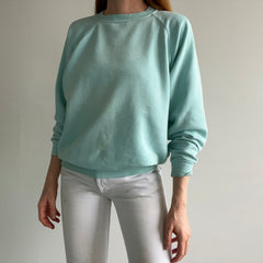 1970s Faded Seafoam Green/Blue Cotton!! Stained Sweatshirt