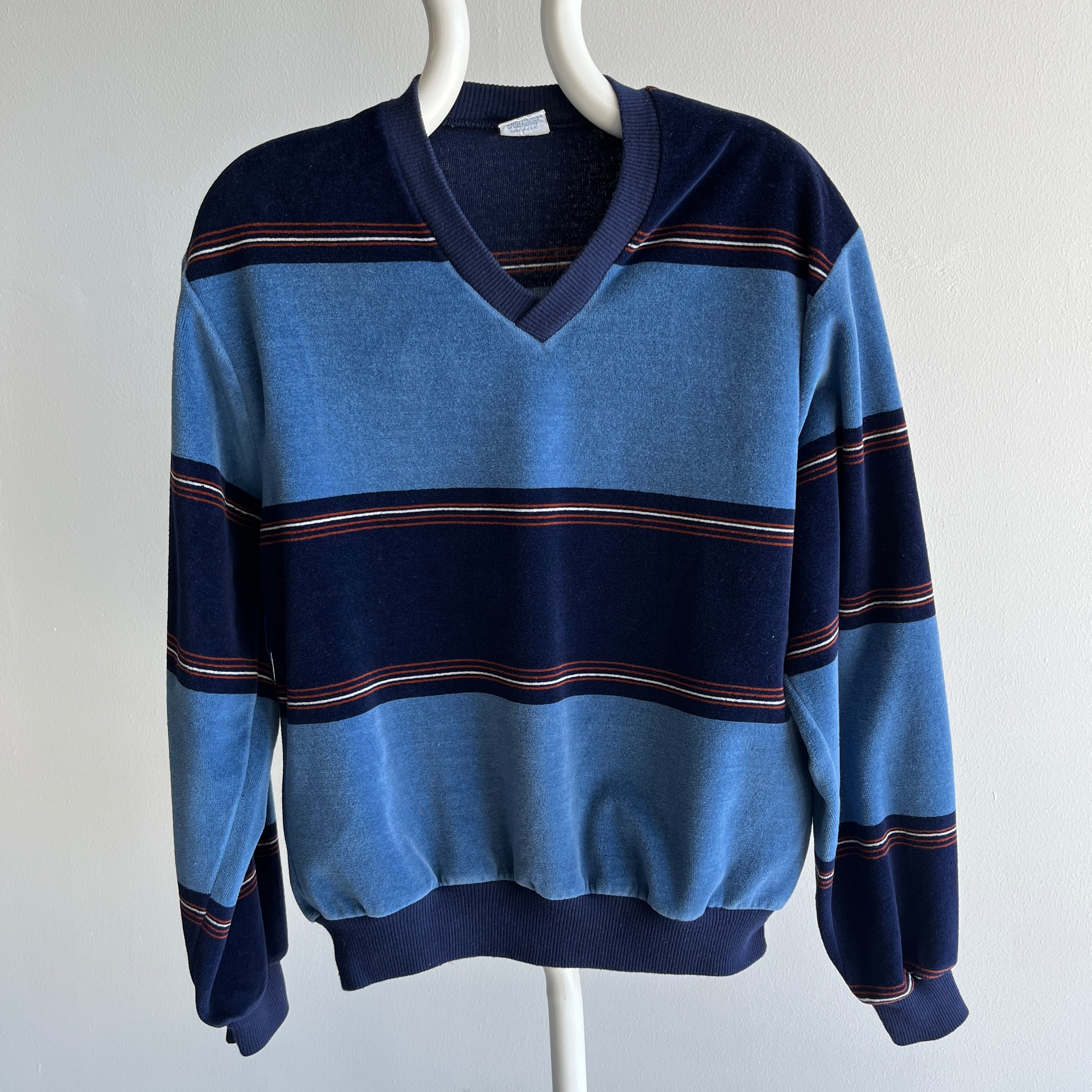 1980s Velour Striped V-Neck JC Penny Sweatshirt