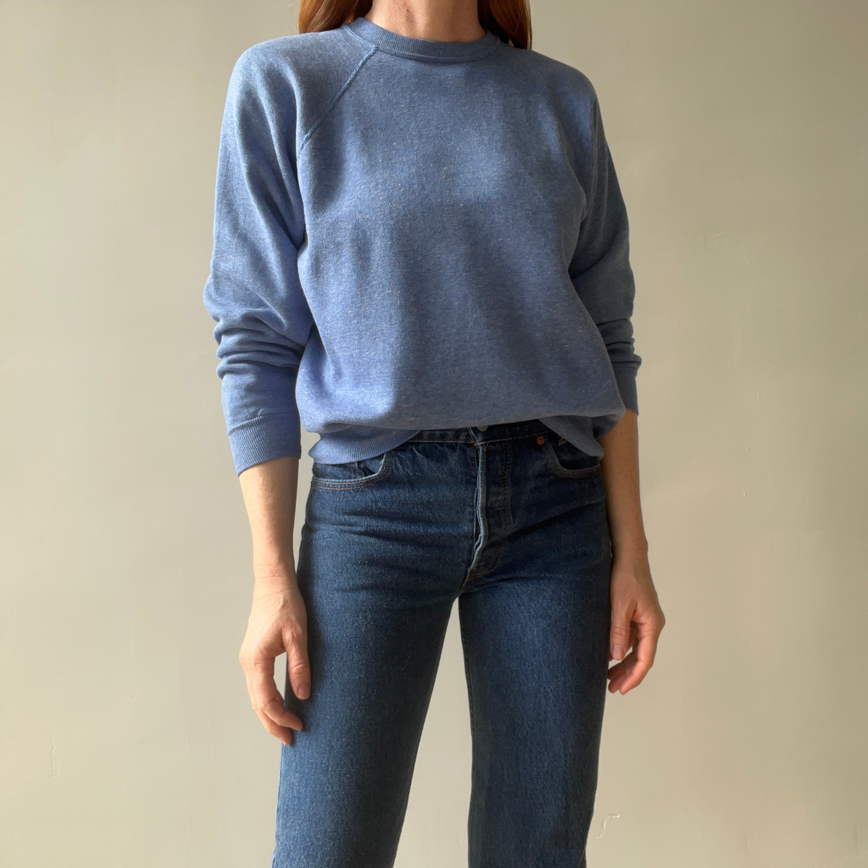 1970/80s Heather Blue Lovely Blank Raglan Sweatshirt - Please Don't Make Me Keep This