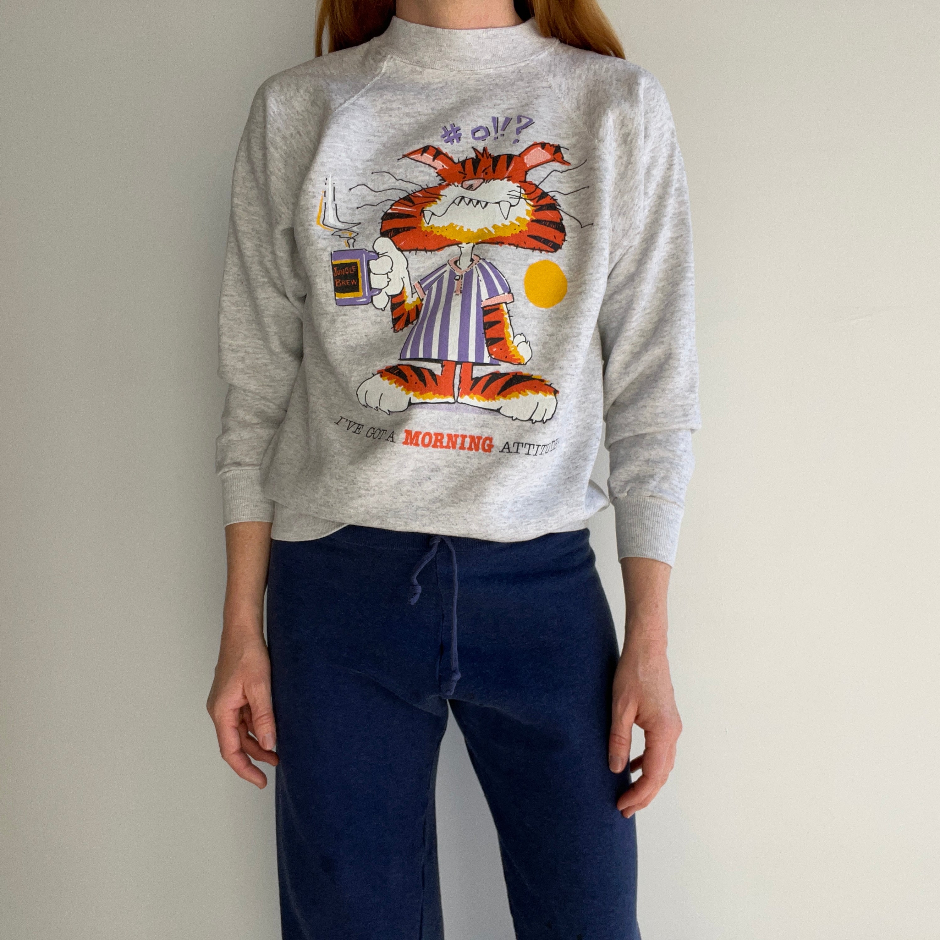 1980s I've Got A Morning Attitude Cat Sweatshirt