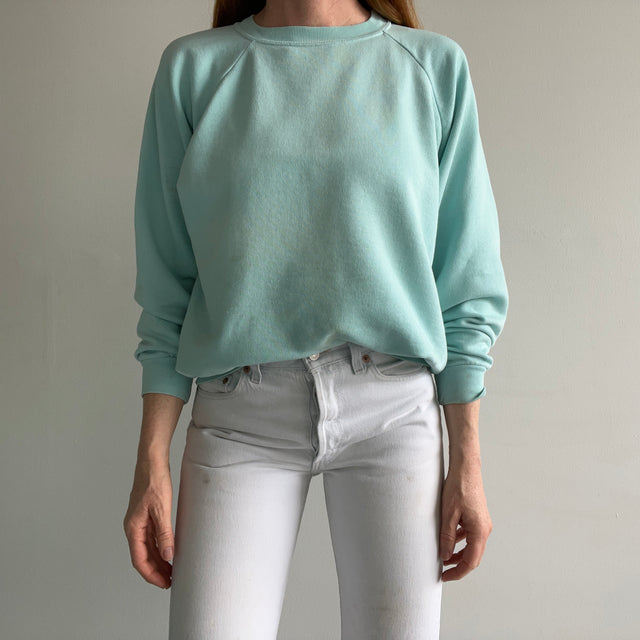 1970s Faded Seafoam Green/Blue Cotton!! Stained Sweatshirt