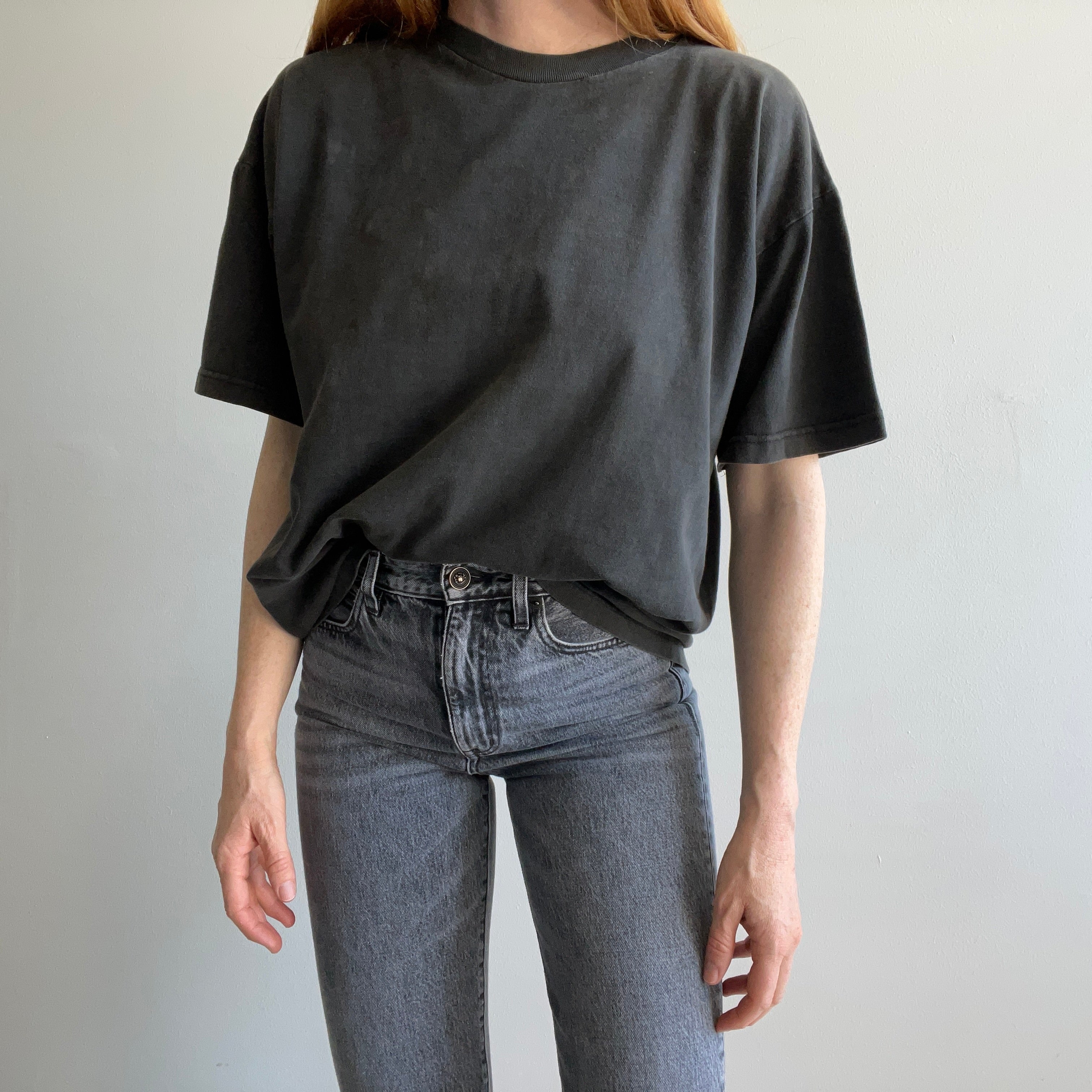 1990s Super Age Stained and Faded Blank Black Boxy Cotton T-Shirt