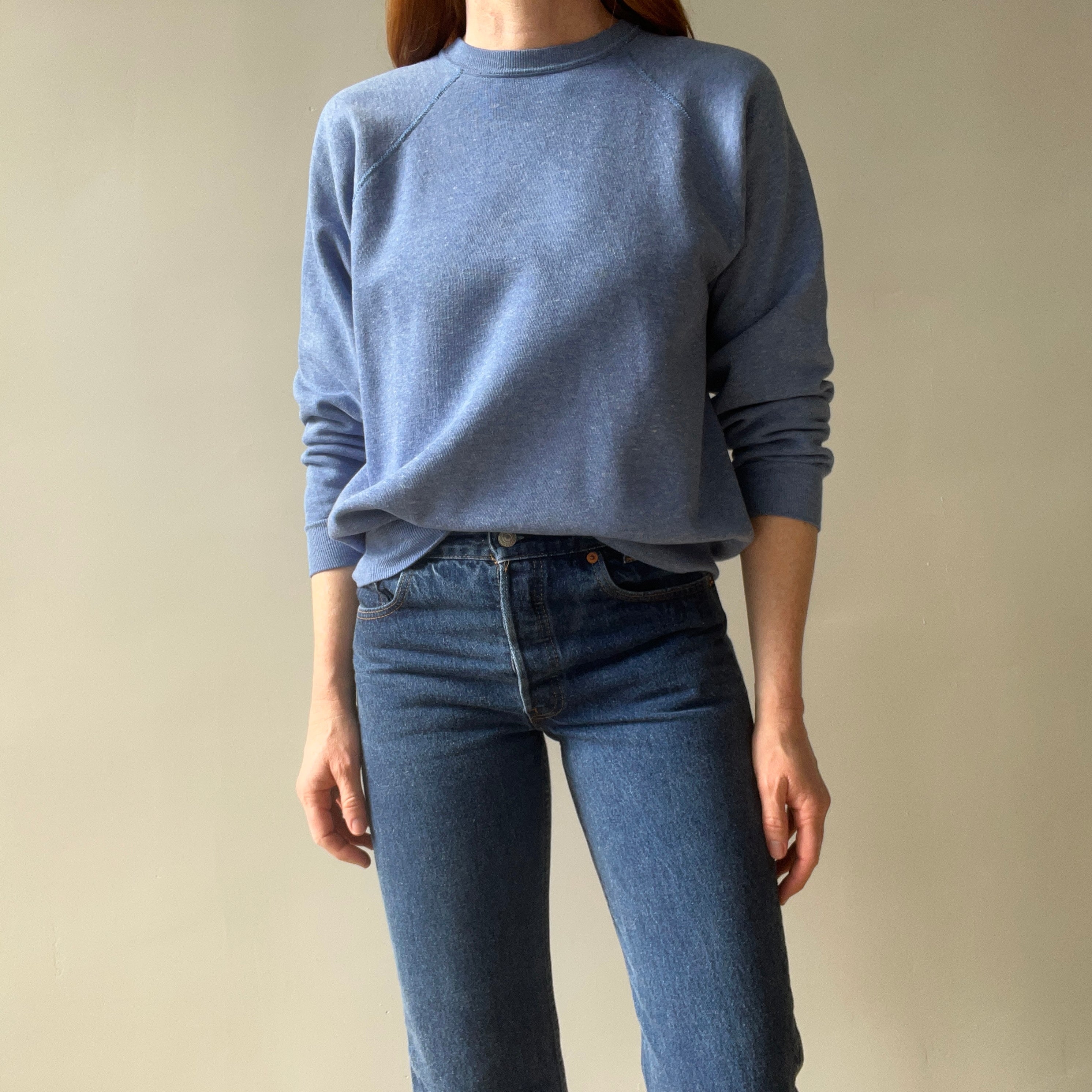 1970/80s Heather Blue Lovely Blank Raglan Sweatshirt - Please Don't Make Me Keep This