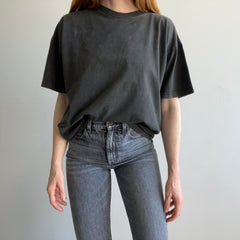 1990s Super Age Stained and Faded Blank Black Boxy Cotton T-Shirt