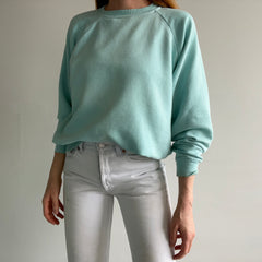 1970s Faded Seafoam Green/Blue Cotton!! Stained Sweatshirt