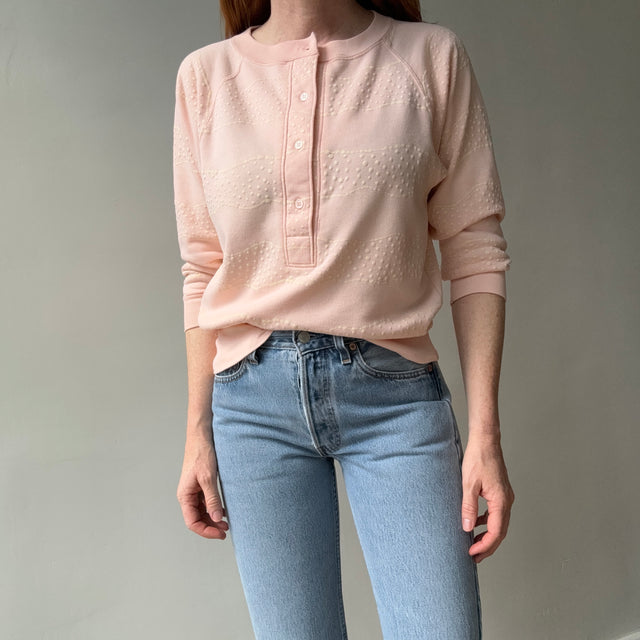 1980s Henley Sweatshirt in a Faded Peach - So very very Eighties