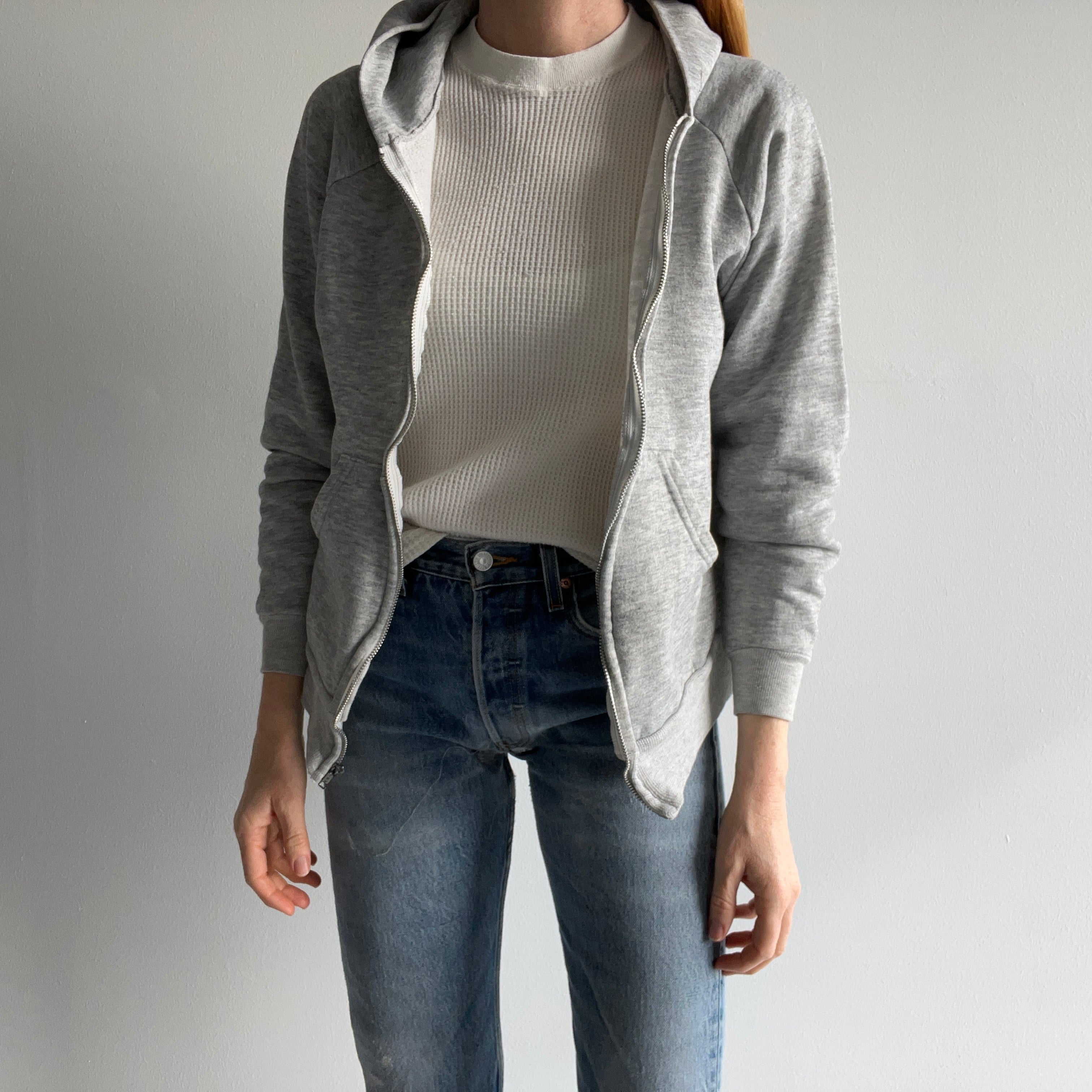 1980s Blank Gray Zip Up Hoodie